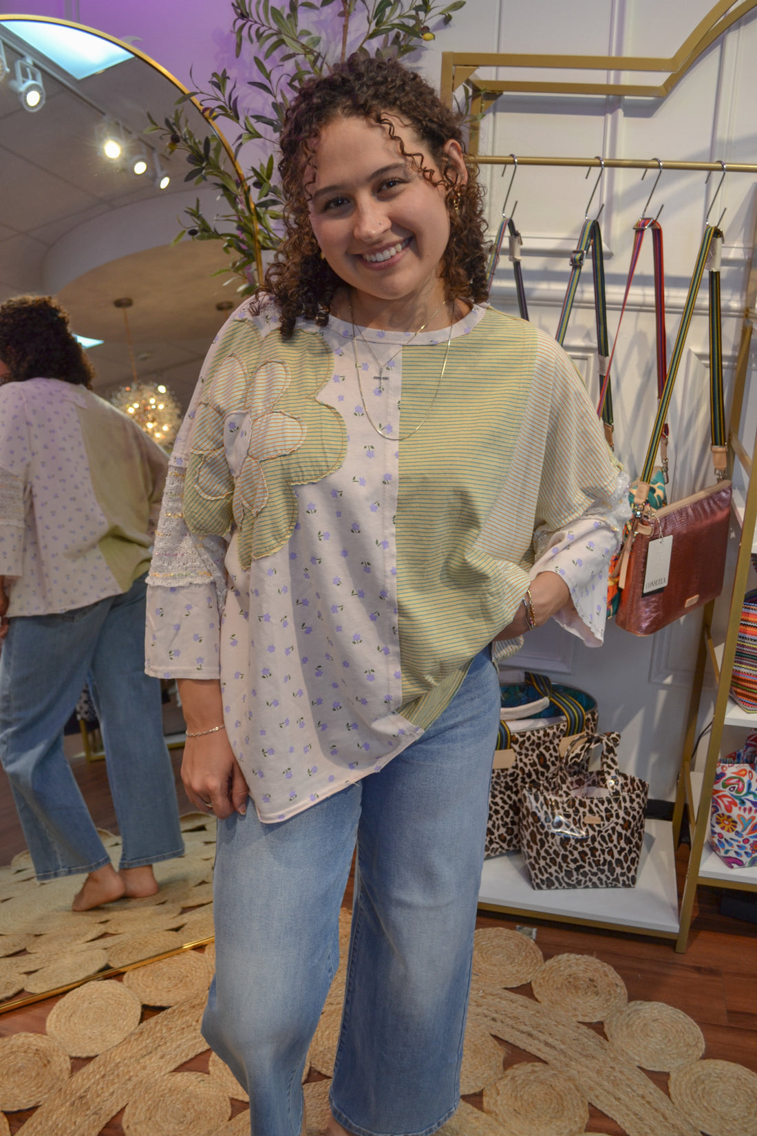 Oversized green and ivory patchwork tee with flowering detailing