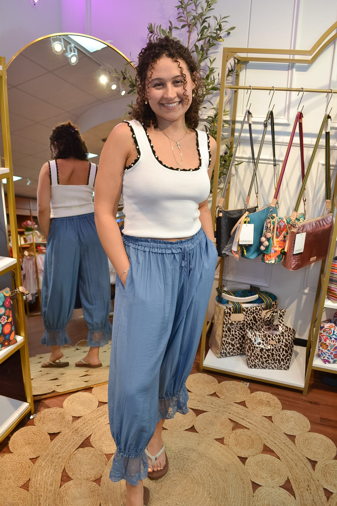 Blue satin lace bloomer pants