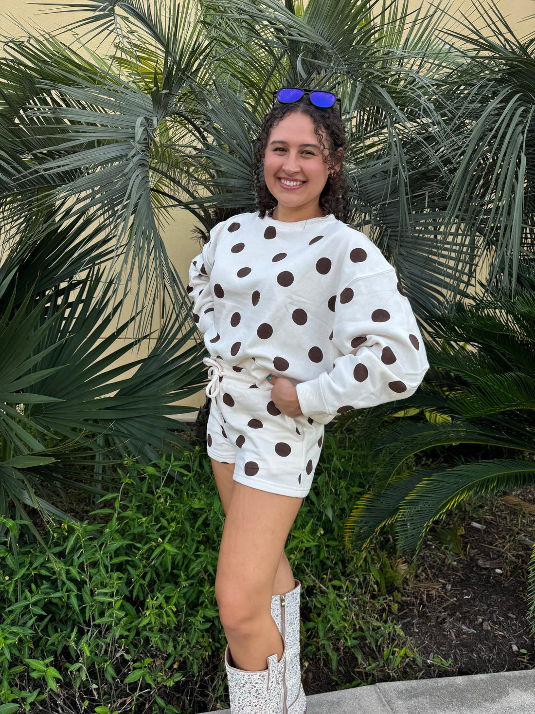 Fleece Polka Dot Print Round Neck Pullover & Shorts Set
