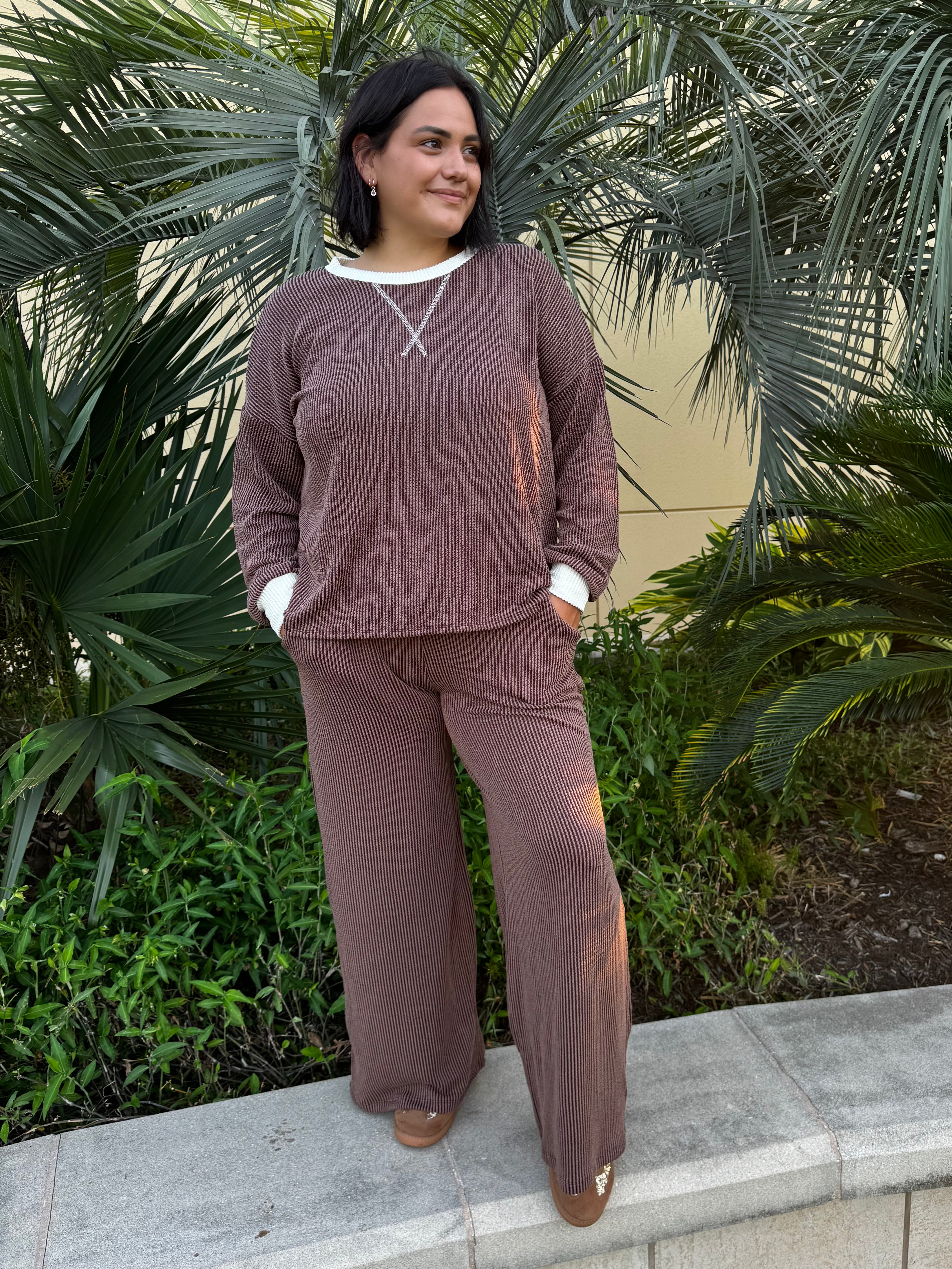 Raised Rib Round Neck Pullover & Pants Set