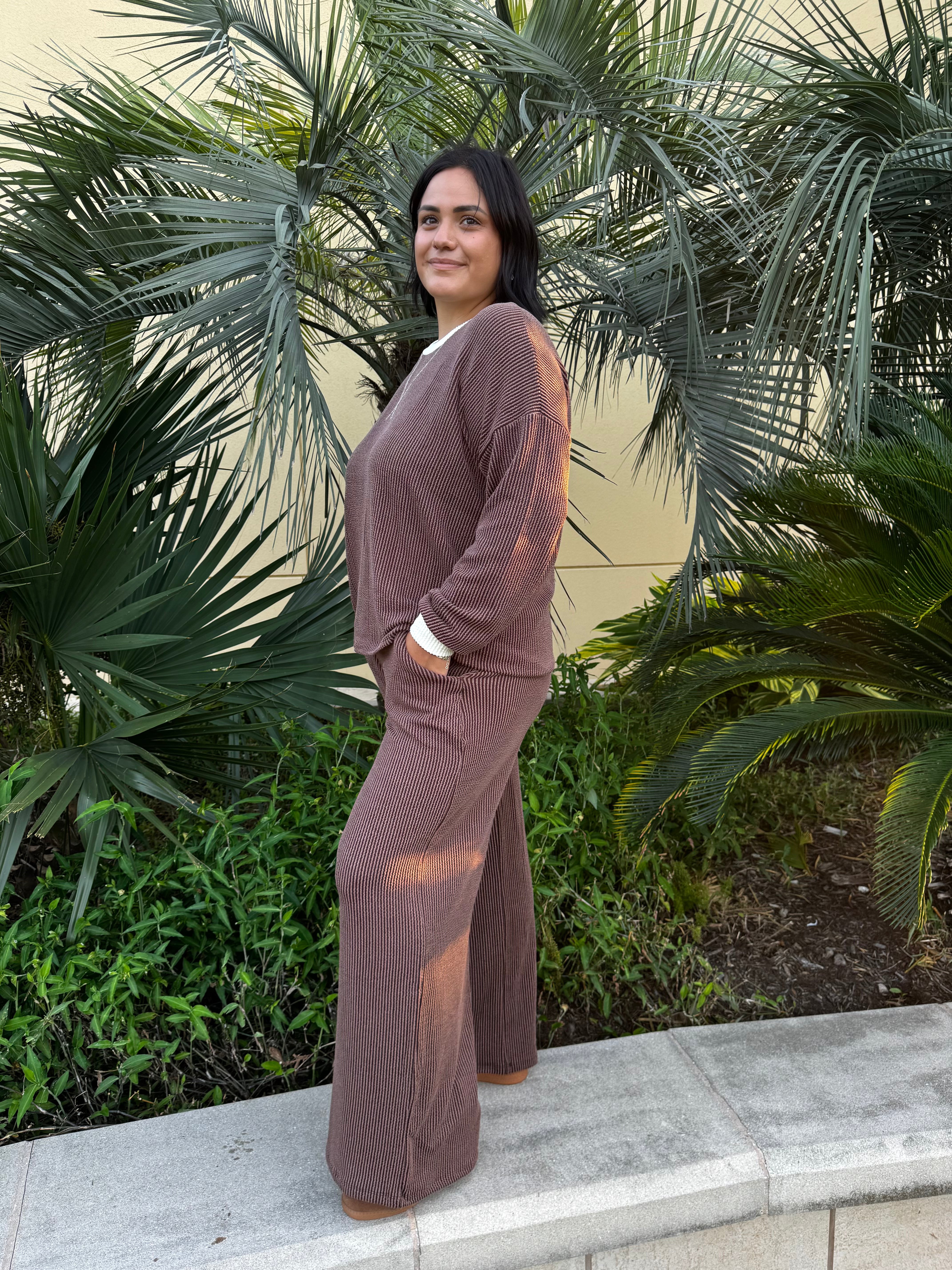 Raised Rib Round Neck Pullover & Pants Set