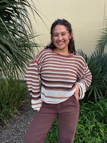 Brown Multi Stripe Crochet Knit Sweater