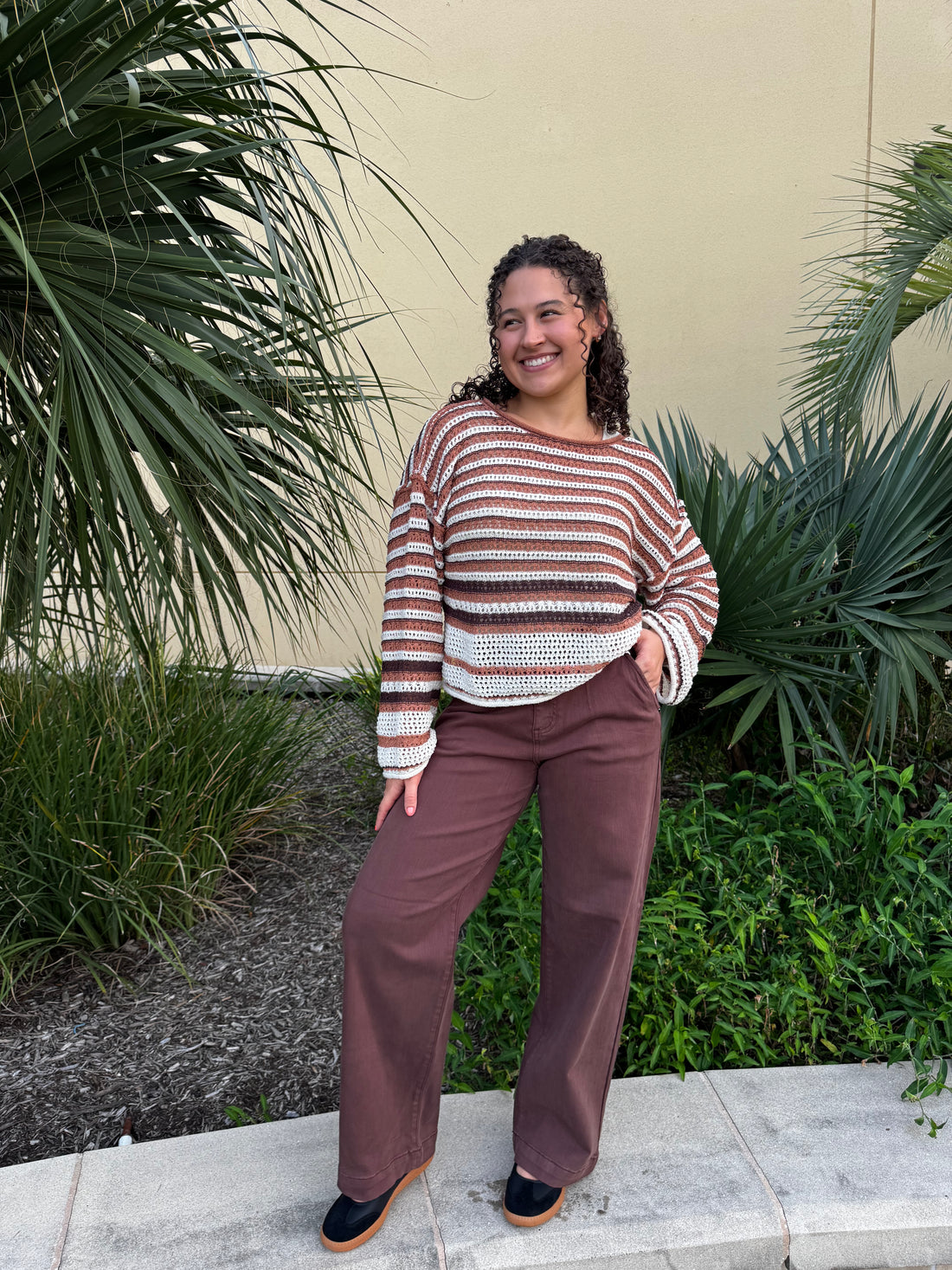 Brown Multi Stripe Crochet Knit Sweater