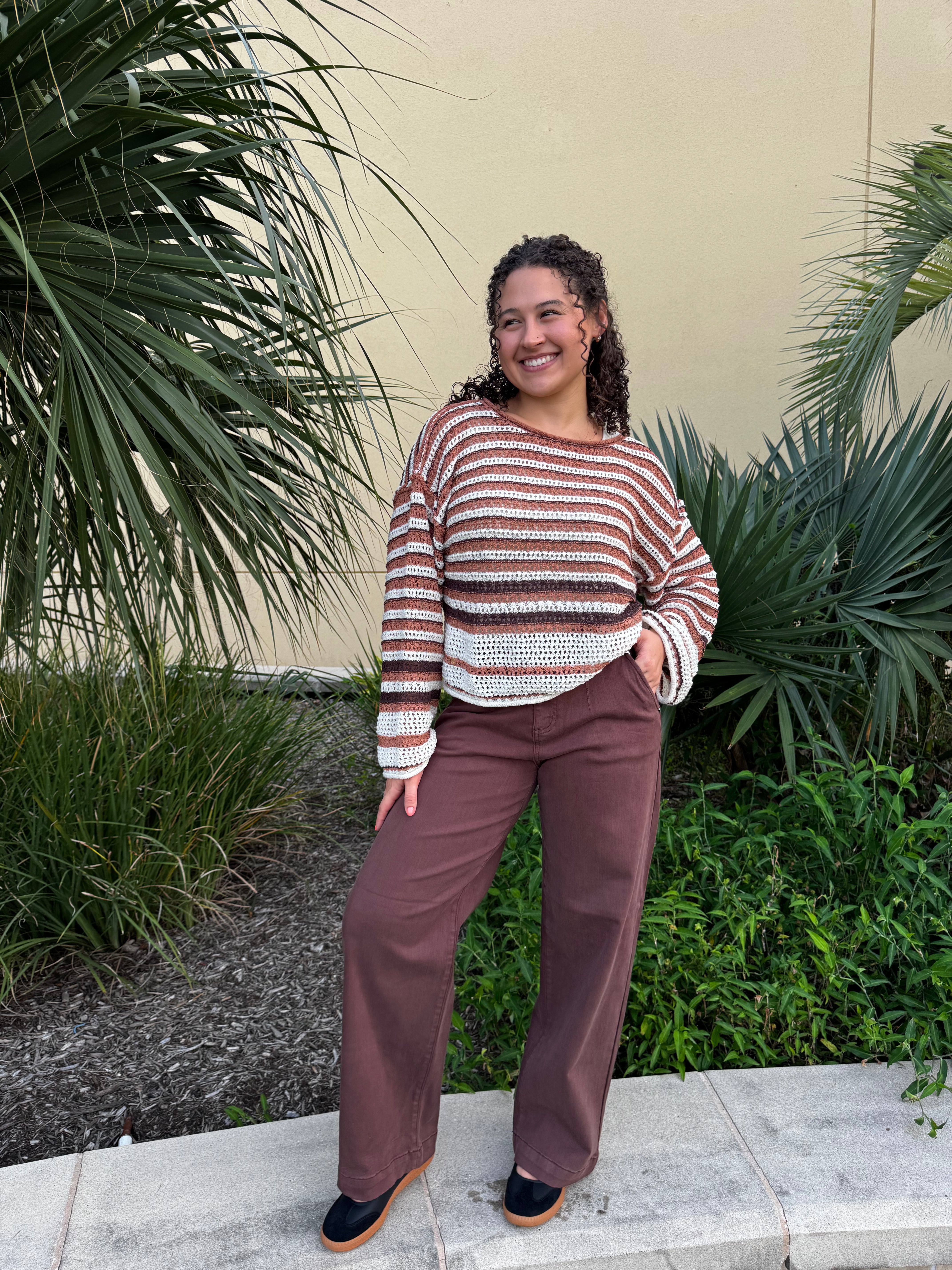 Brown Multi Stripe Crochet Knit Sweater