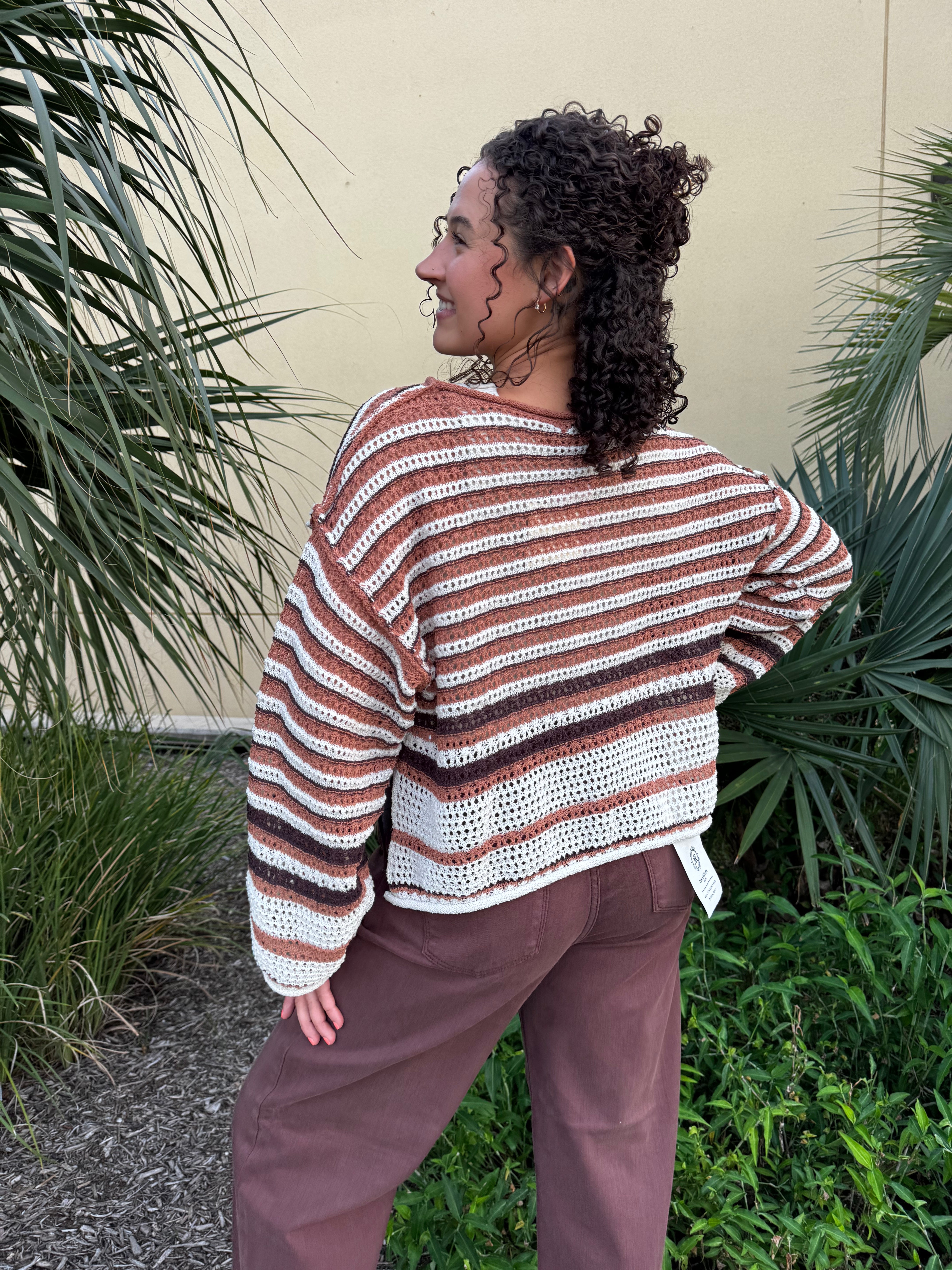 Brown Multi Stripe Crochet Knit Sweater