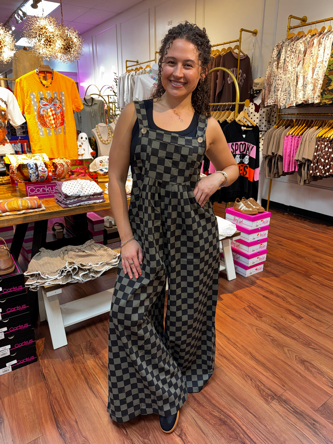 Checkmate Wide Leg Checkerboard Overalls