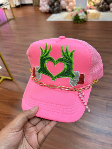 Grinch hand heart trucker hat with gold chain 