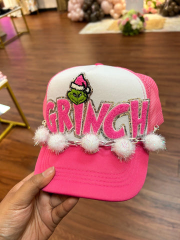 Grinch trucker hat with balls