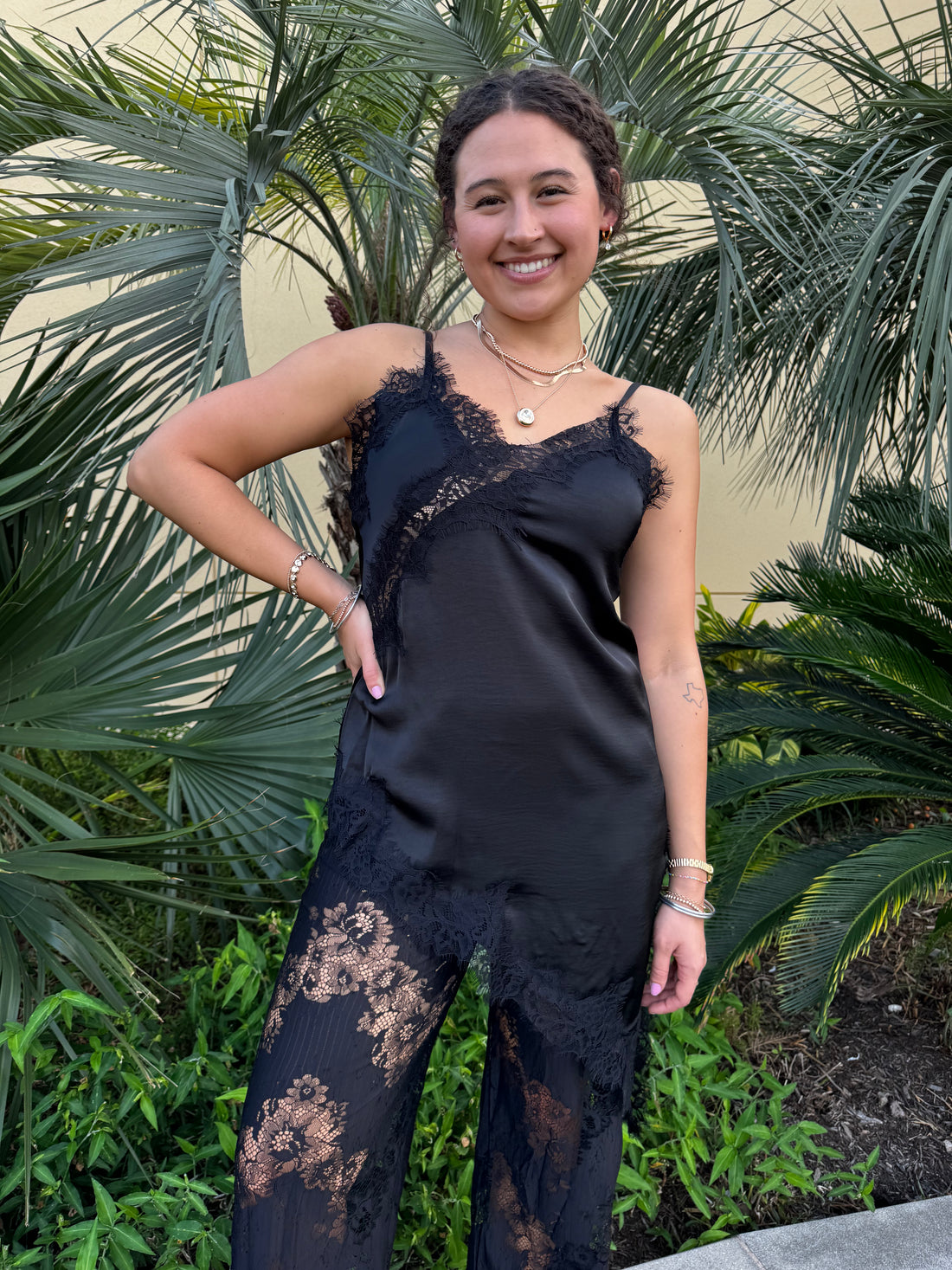 After Dark Romance Satin Lace Cami & Pants Set