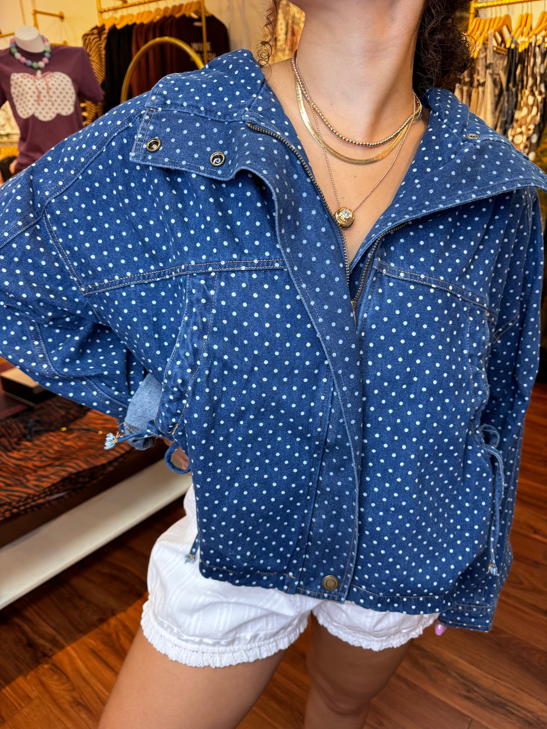 Polka Dot Denim Bomber Jacket