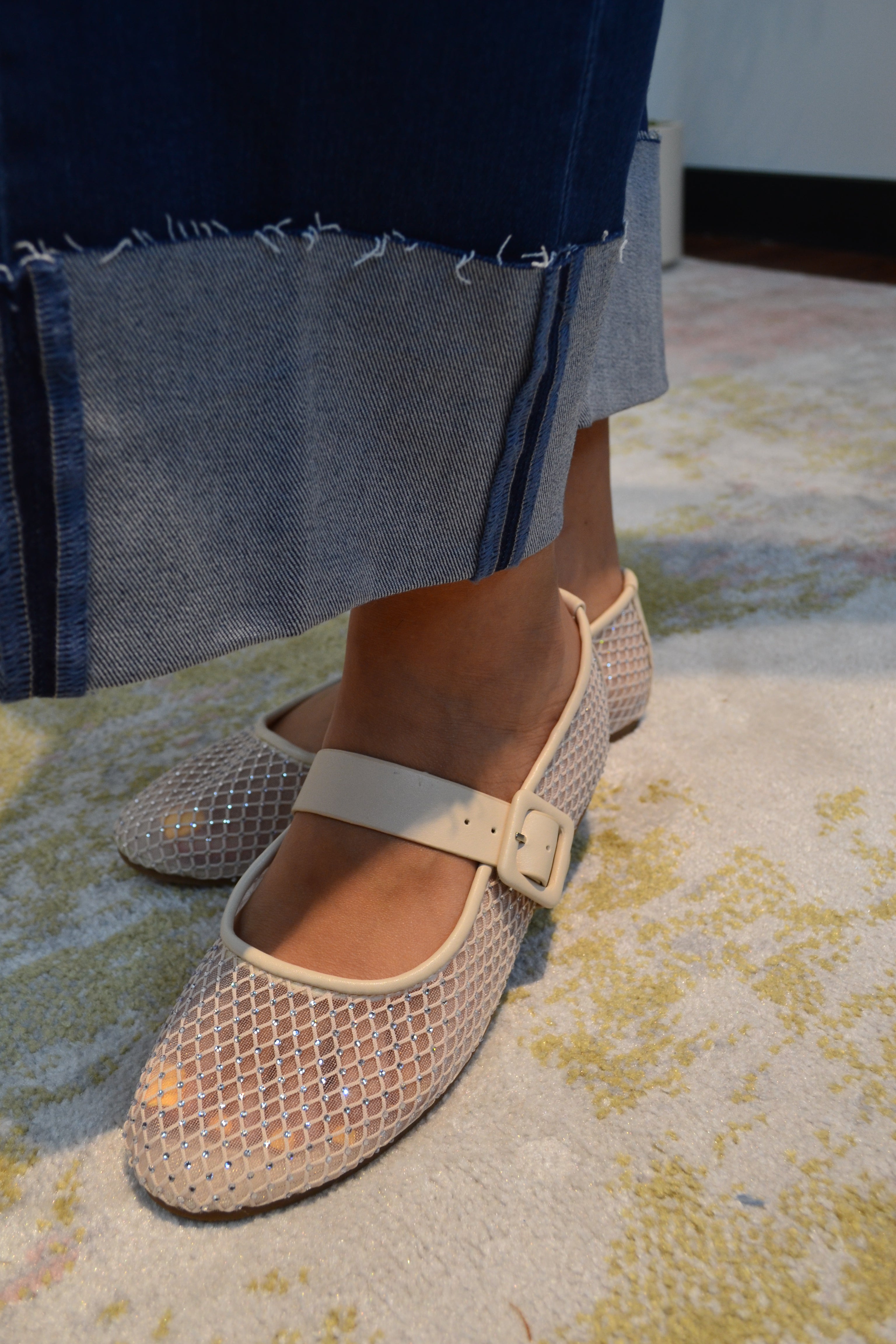 The Gem | Ivory Gem Embellished Mesh Mary Jane Flat