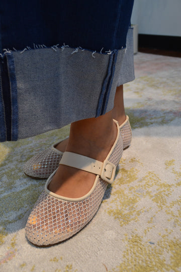 The Gem | Ivory Gem Embellished Mesh Mary Jane Flat