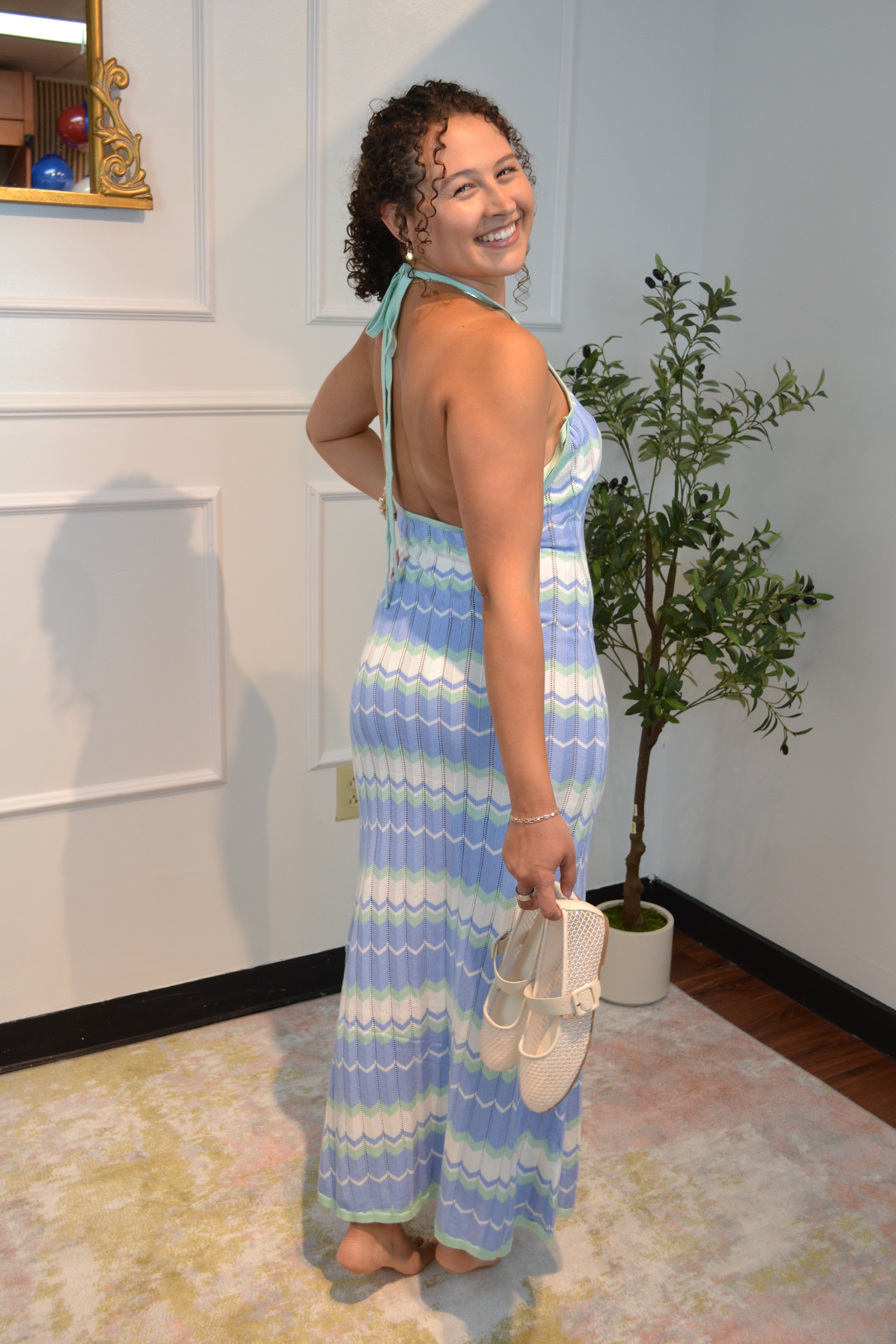Ocean Waves Halter Knit Maxi Dress By Mable