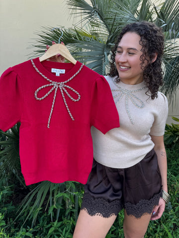 Wrapped in Pearls Beaded Bow Sweater Top
