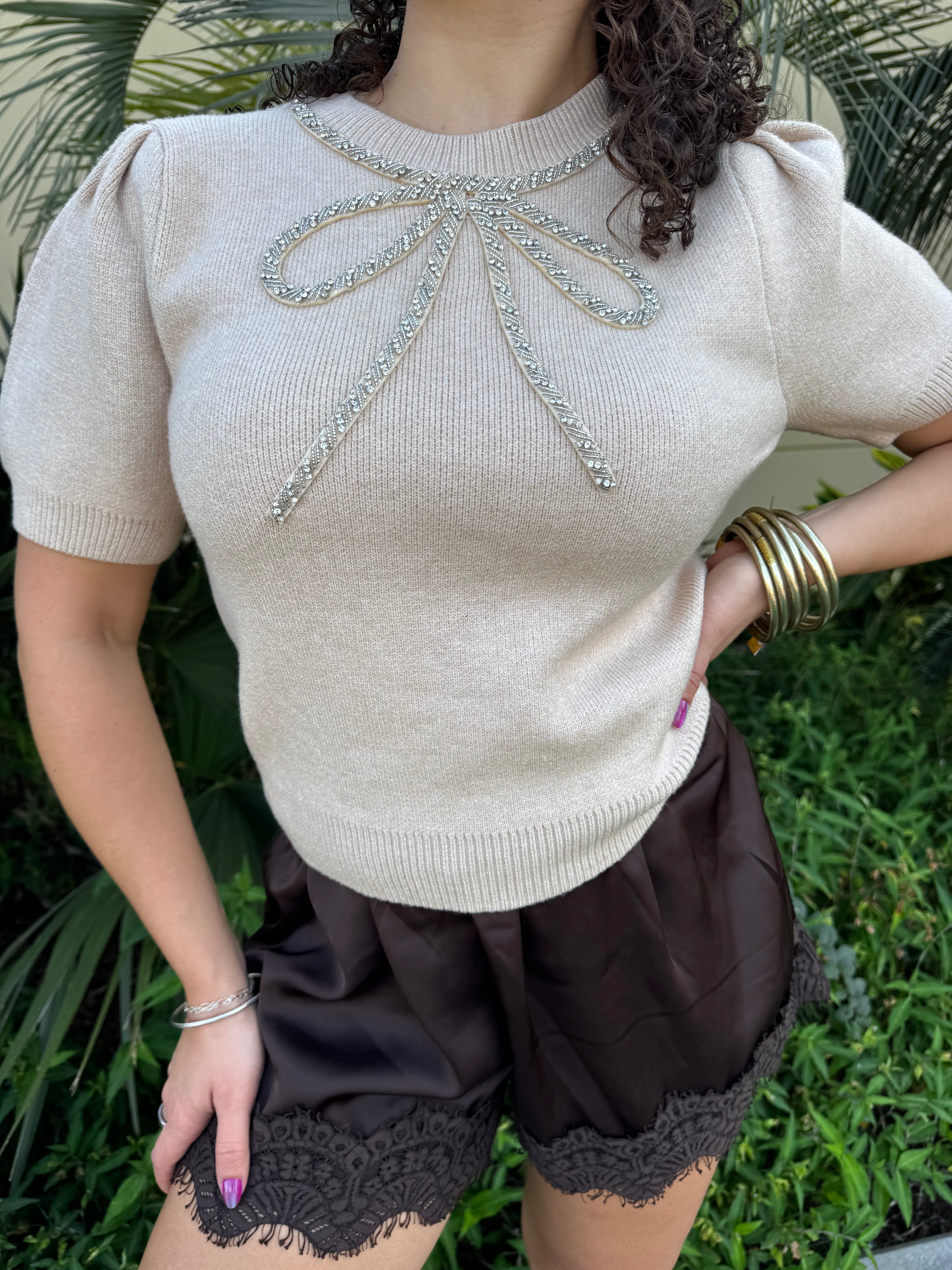 Wrapped in Pearls Beaded Bow Sweater Top