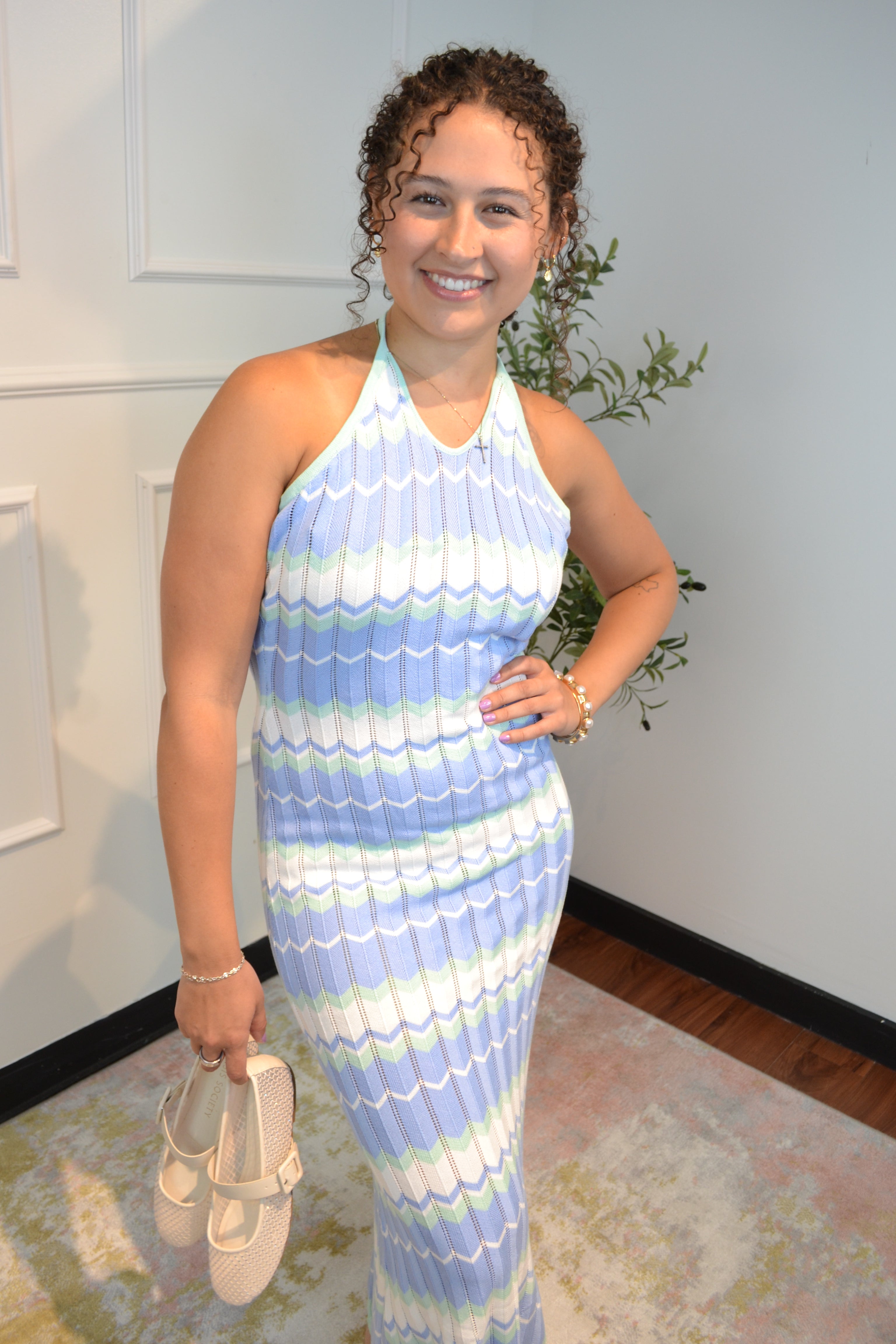 Ocean Waves Halter Knit Maxi Dress By Mable
