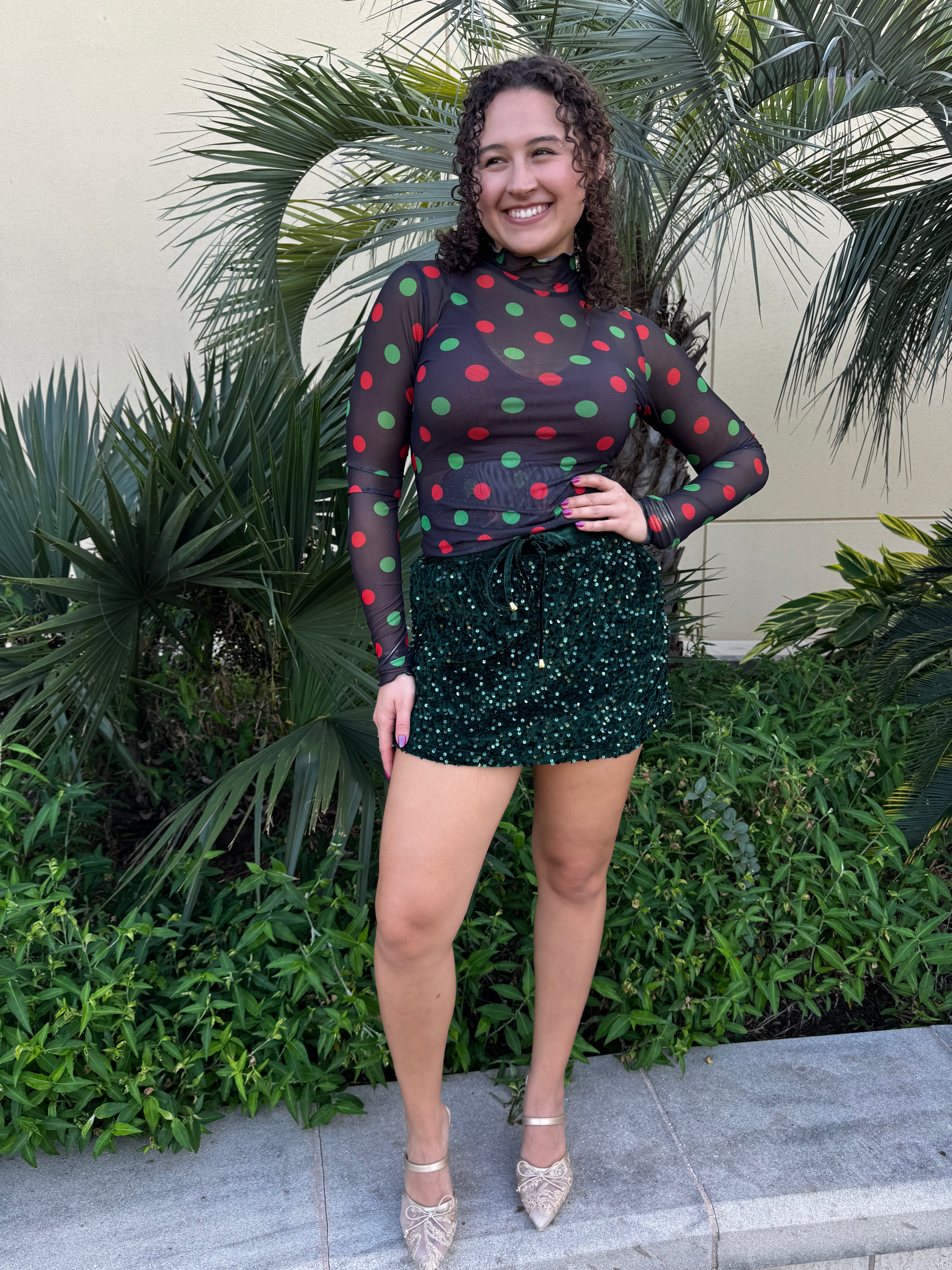 Keigan Mesh Top- Christmas Polka Dots