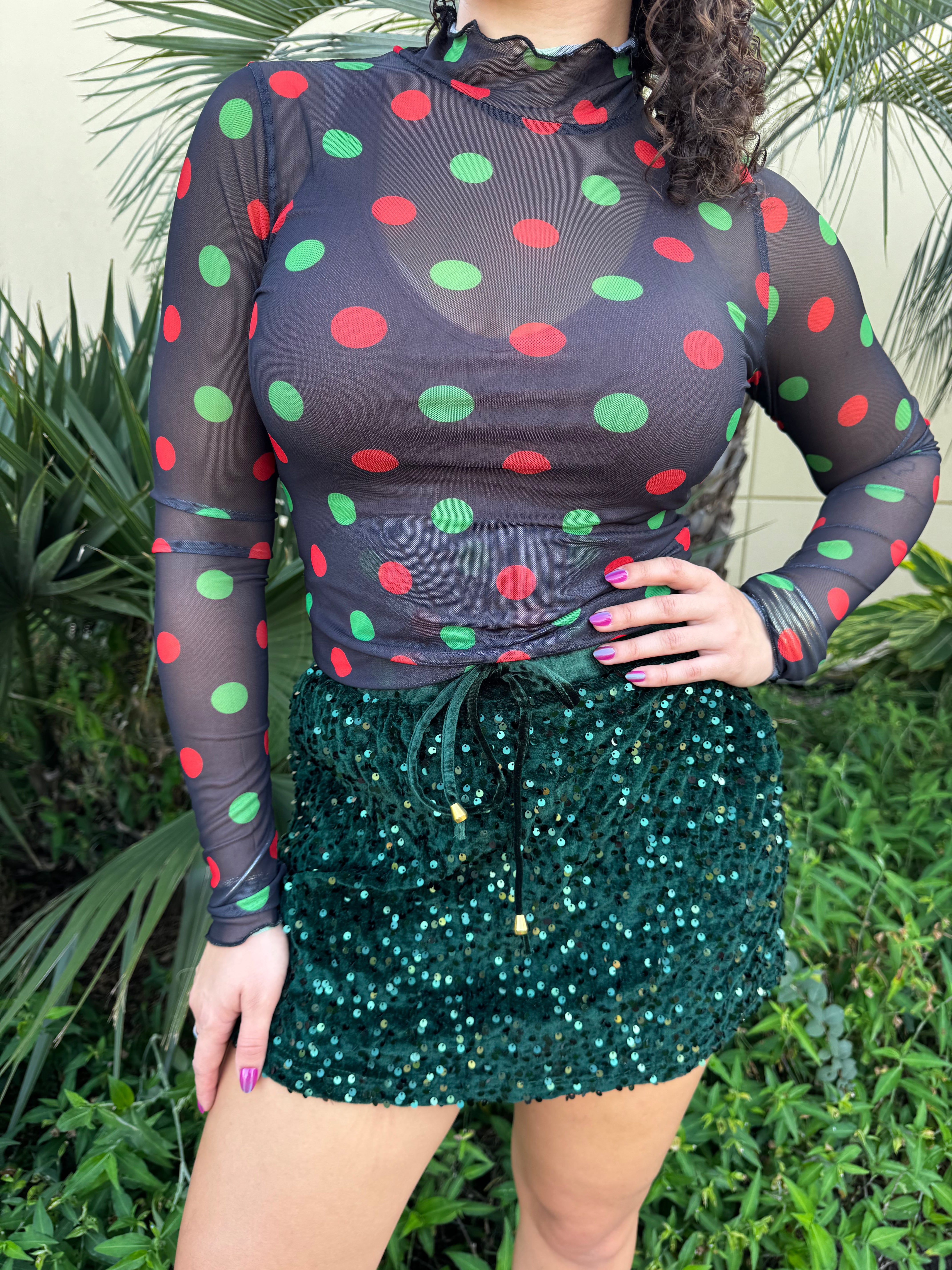 Keigan Mesh Top- Christmas Polka Dots