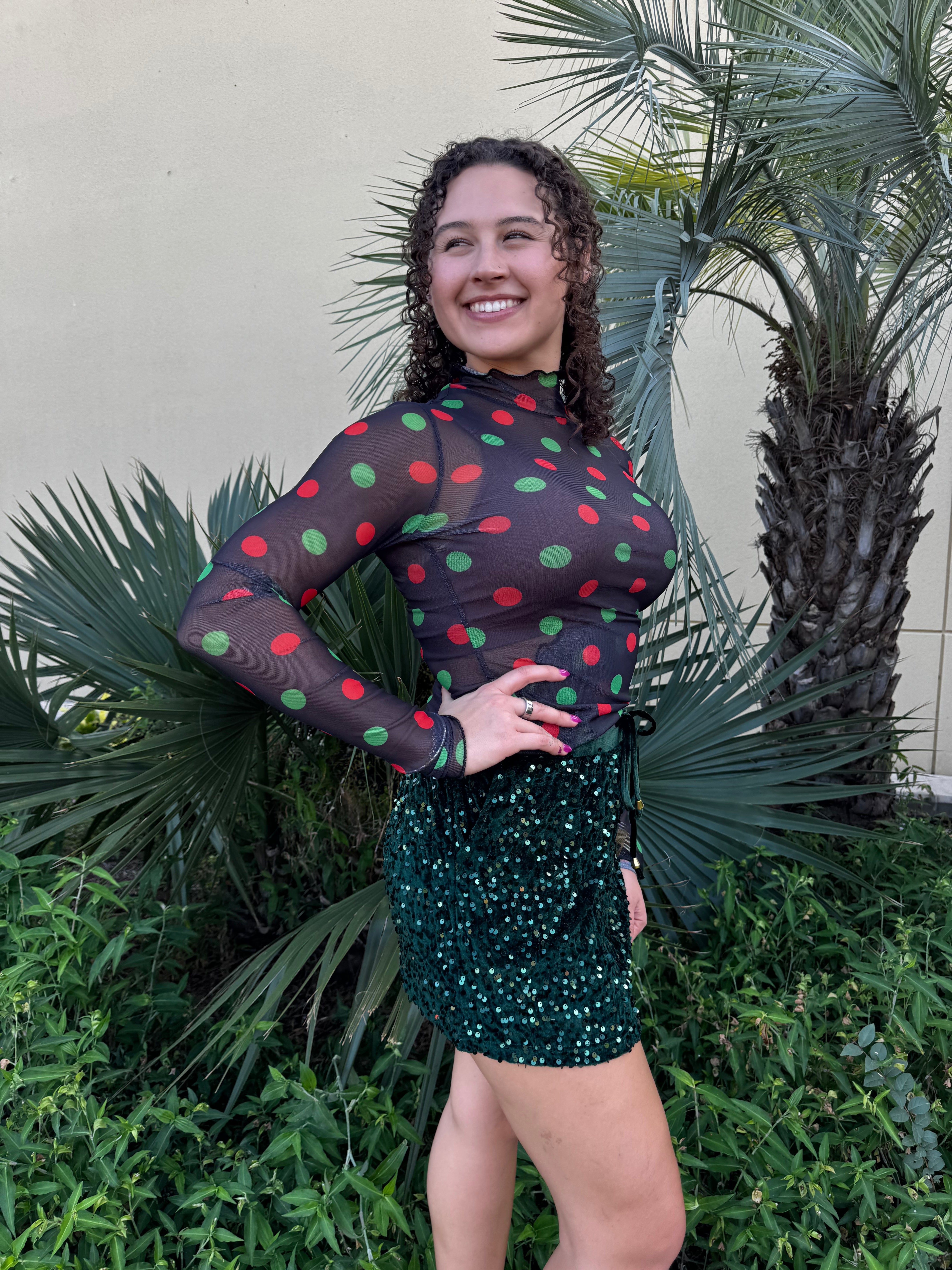Keigan Mesh Top- Christmas Polka Dots