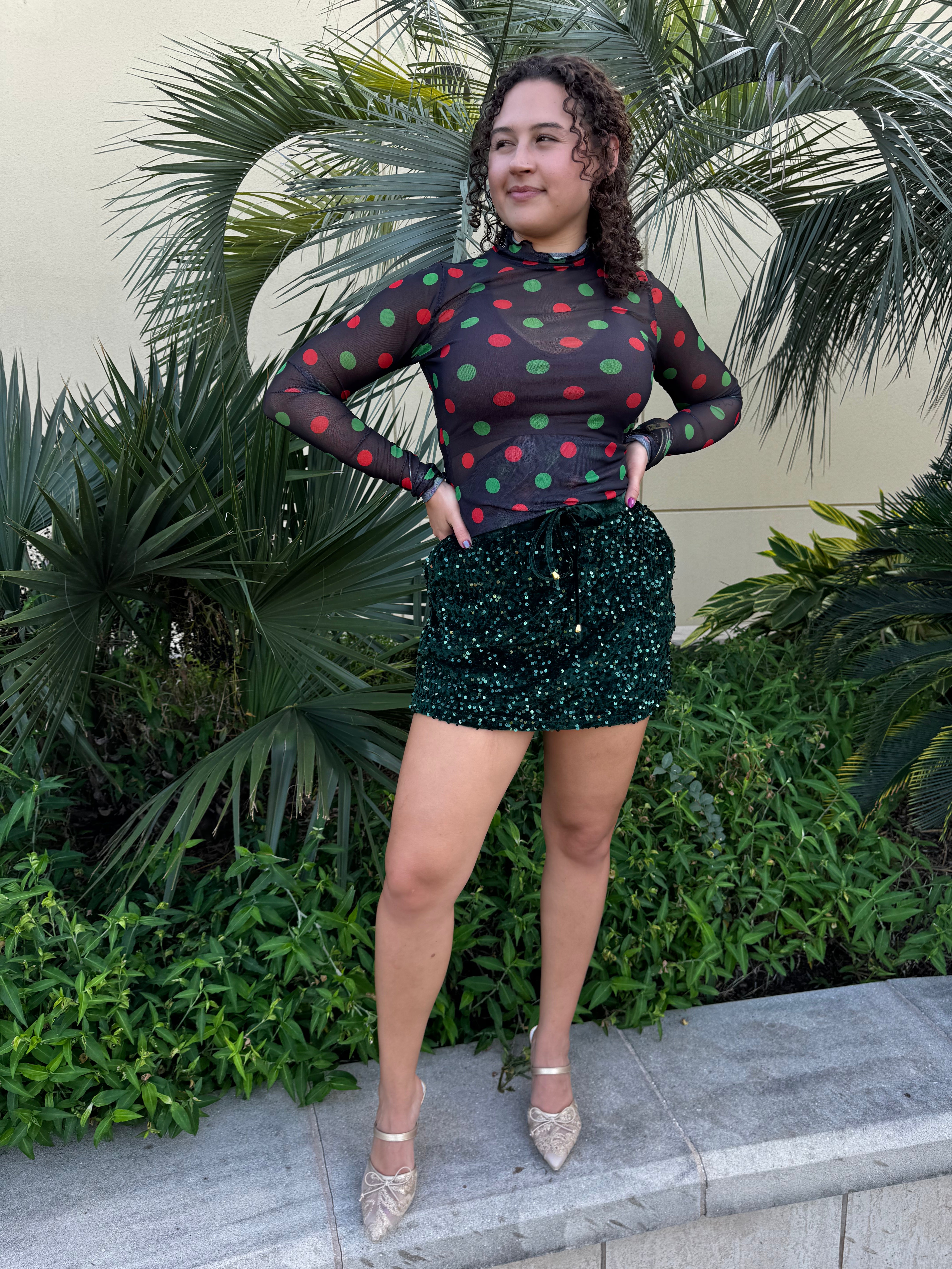 Keigan Mesh Top- Christmas Polka Dots