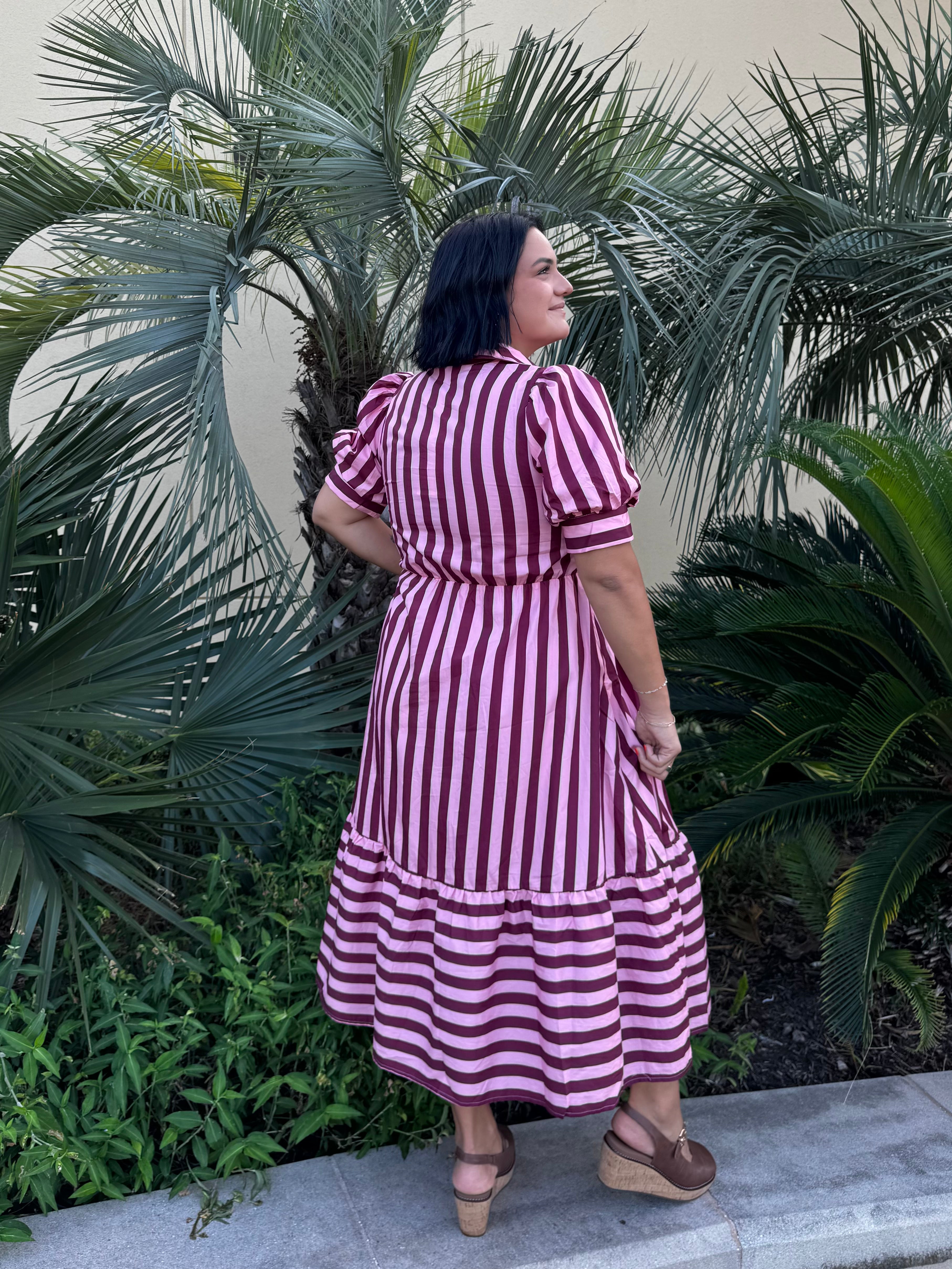 Blushing Bordeaux Striped Bow Midi Dress