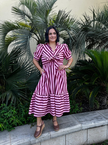 Blushing Bordeaux Striped Bow Midi Dress