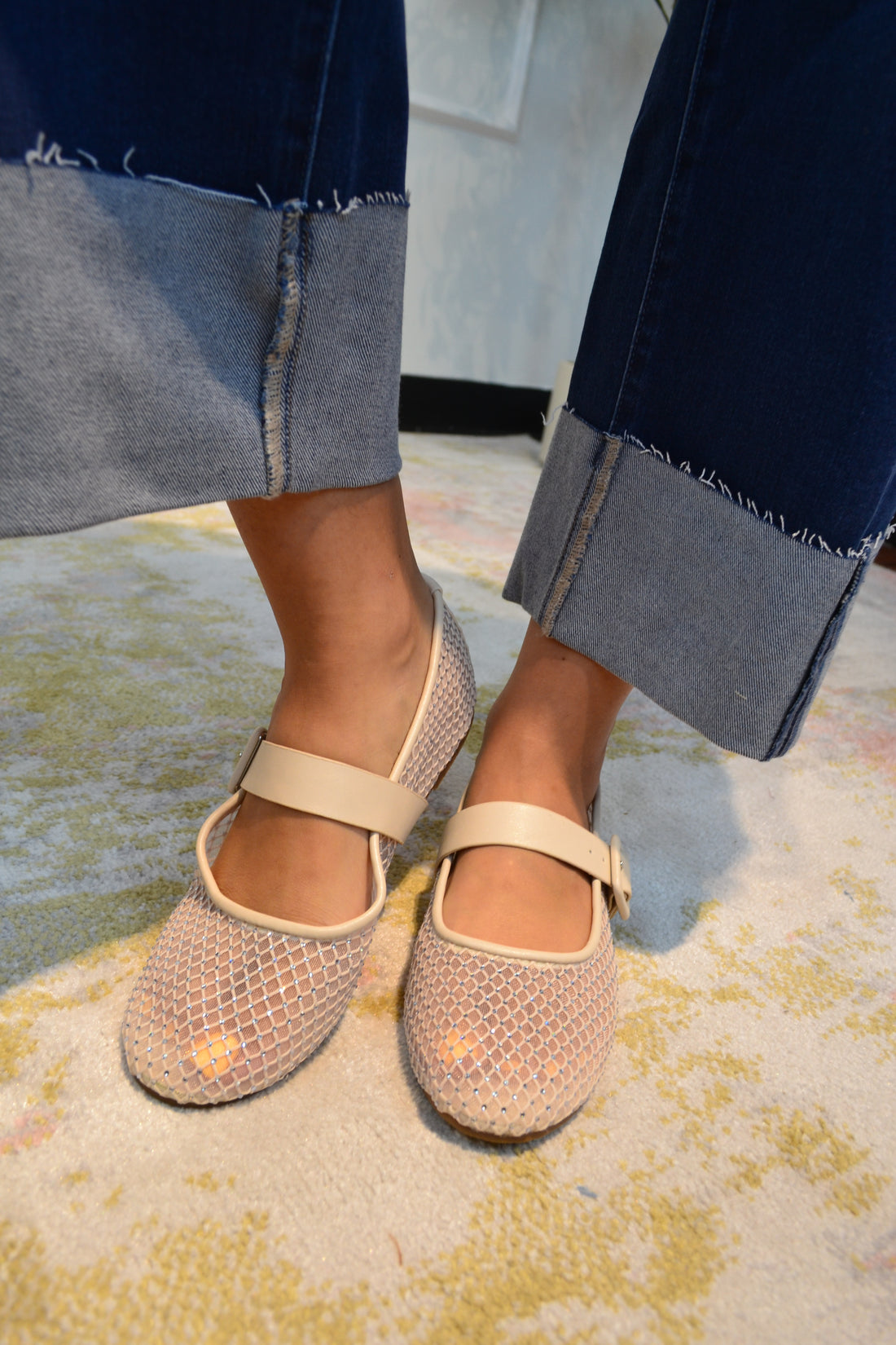 The Gem | Ivory Gem Embellished Mesh Mary Jane Flat