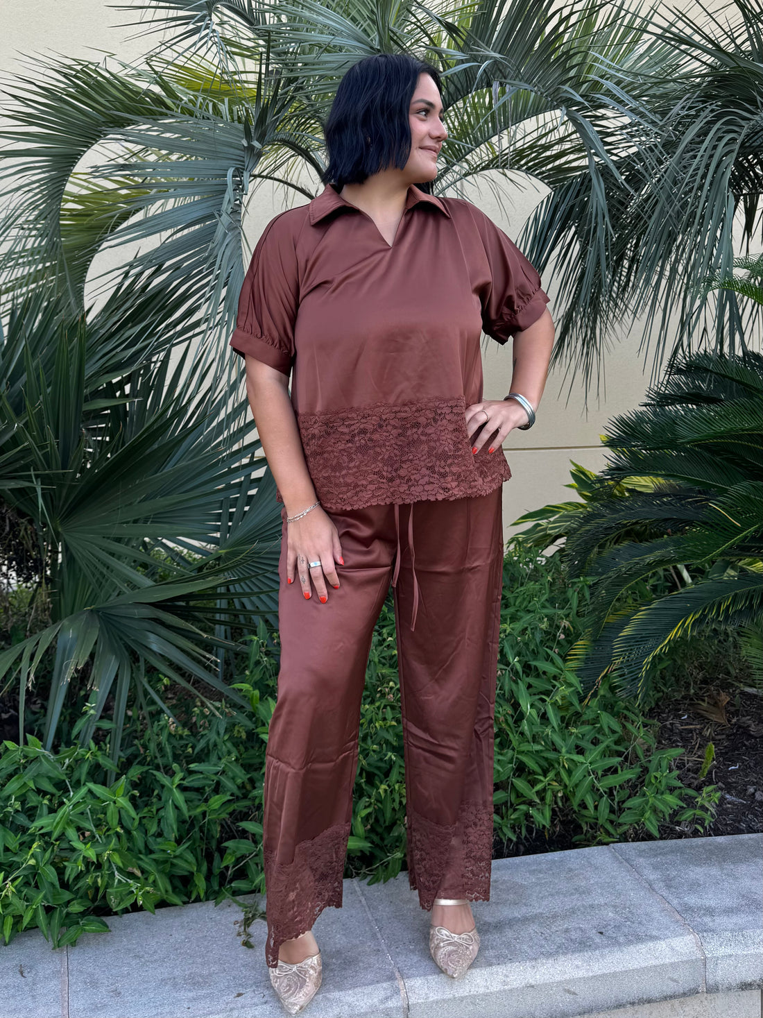 Cocoa Lace Afterglow Satin Set
