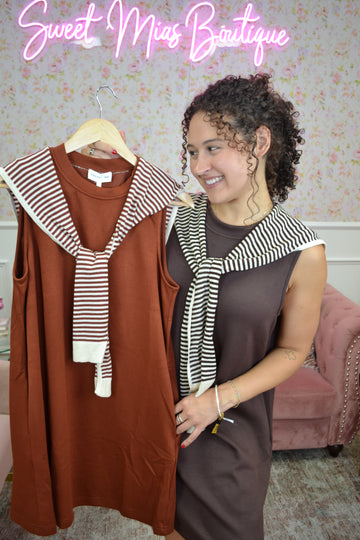 Brown sleeveless knit mini dress with attached striped sweater detail and relaxed fit for casual everyday style.