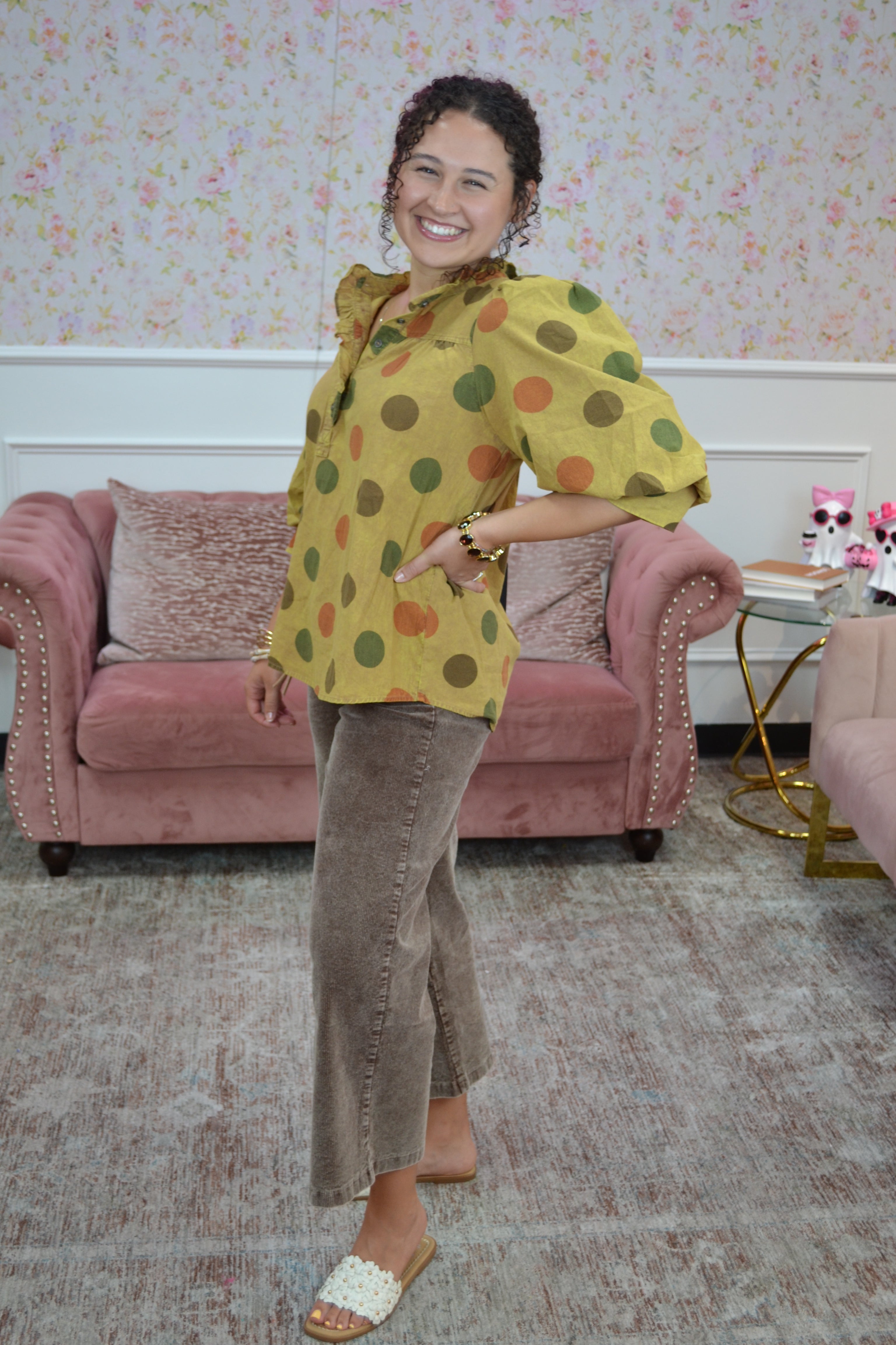 Cute fall boutique top with multicolor polka dots, ruffle neckline, and balloon sleeves
