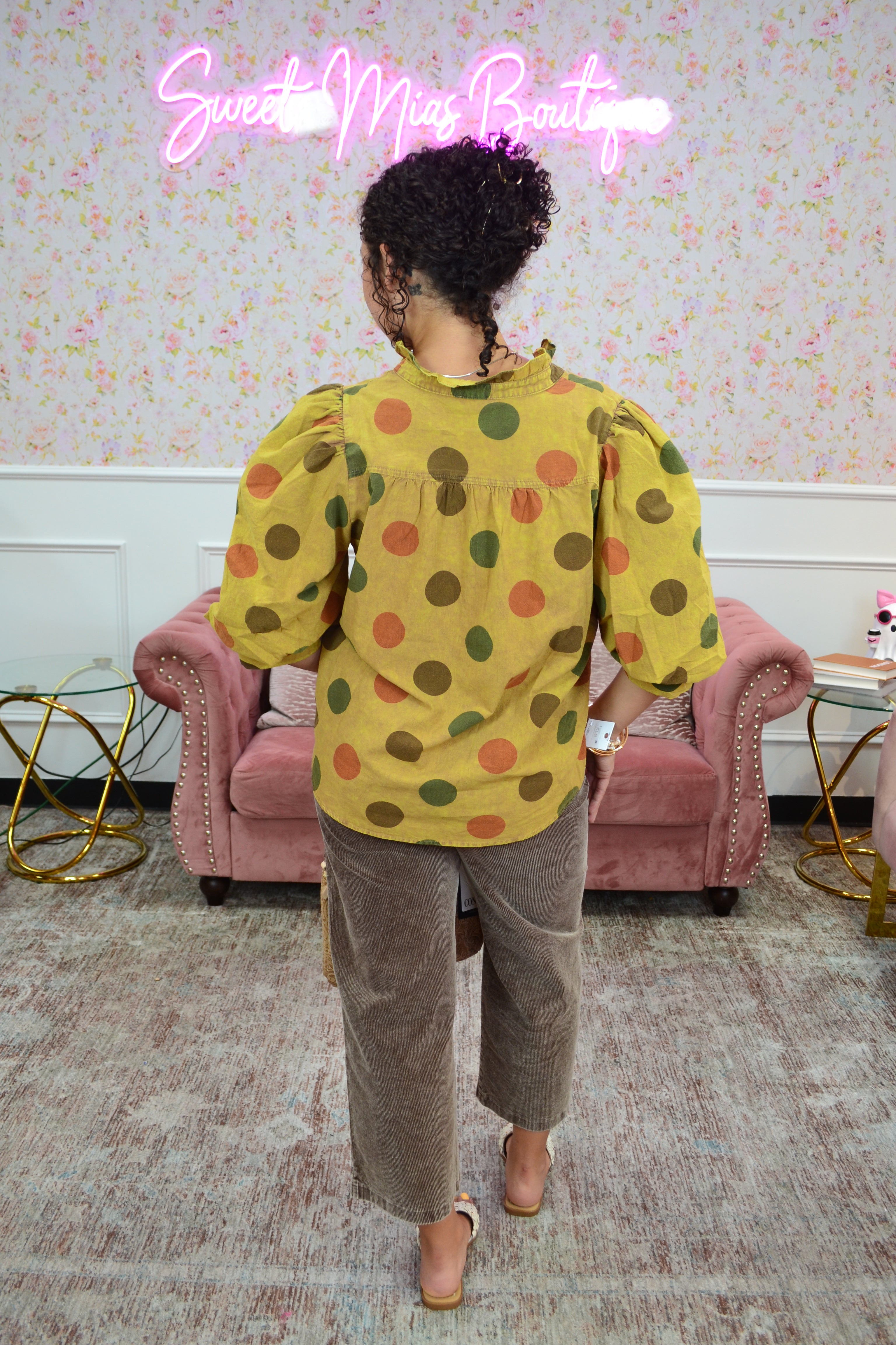 Casual long sleeve polka dot top in mustard with earthy fall tones