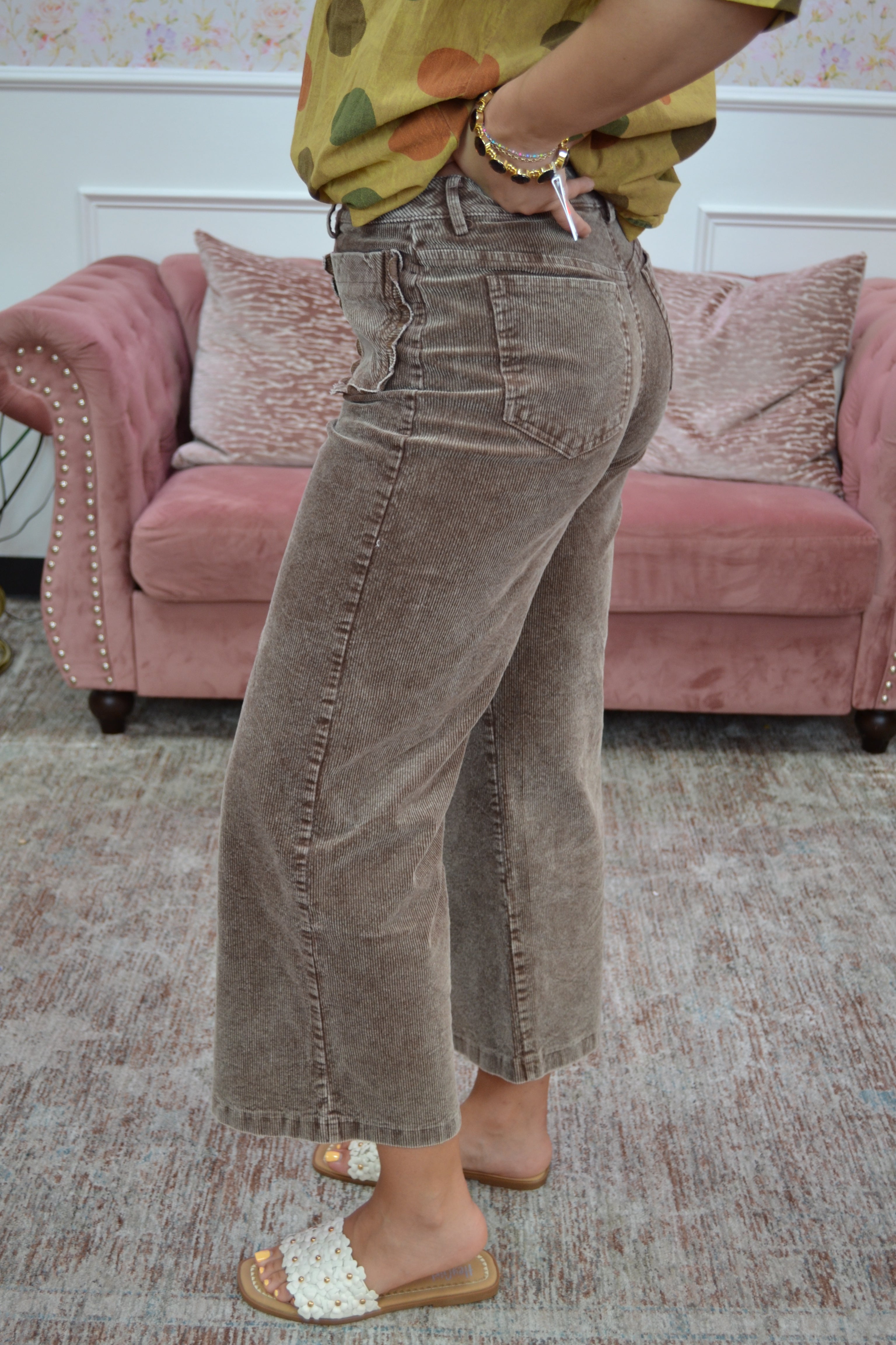 Boutique wide leg corduroy pants in taupe with comfortable relaxed fit