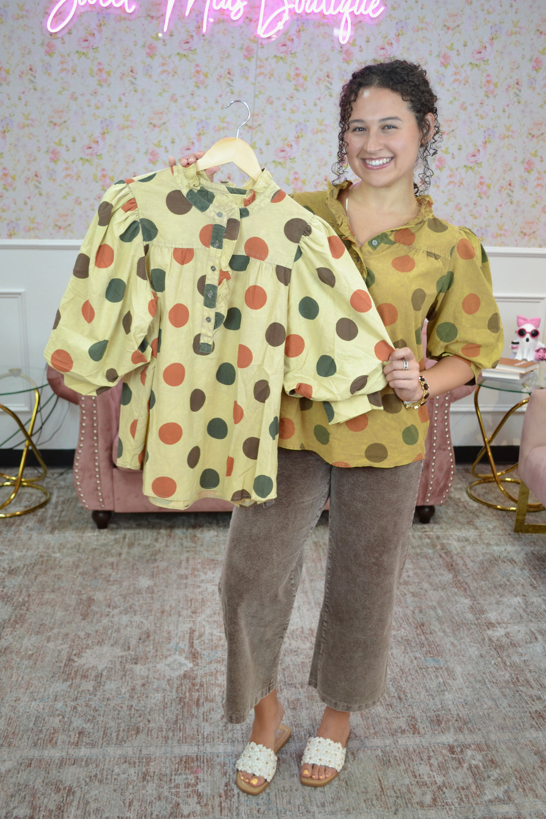 Women's olive and rust polka dot lightweight blouse with button front detail