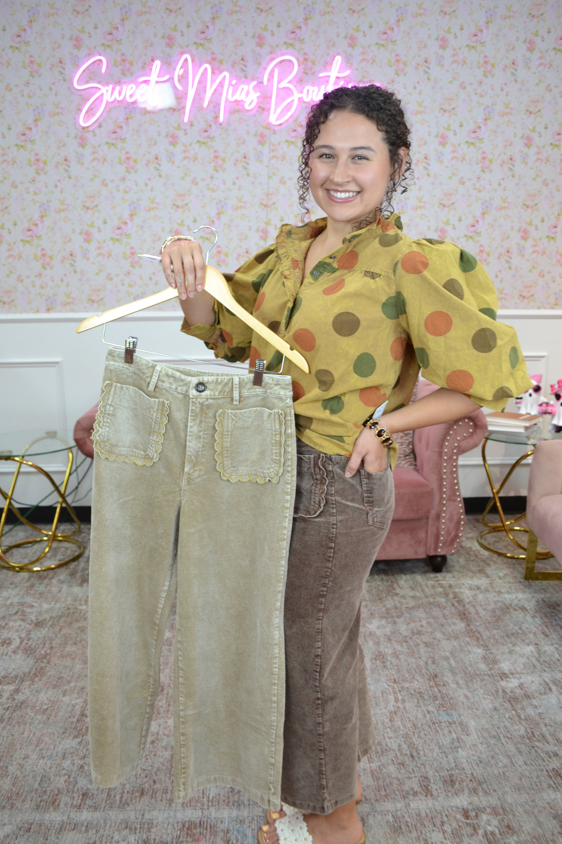 Women's taupe corduroy cropped wide leg pants with relaxed fit