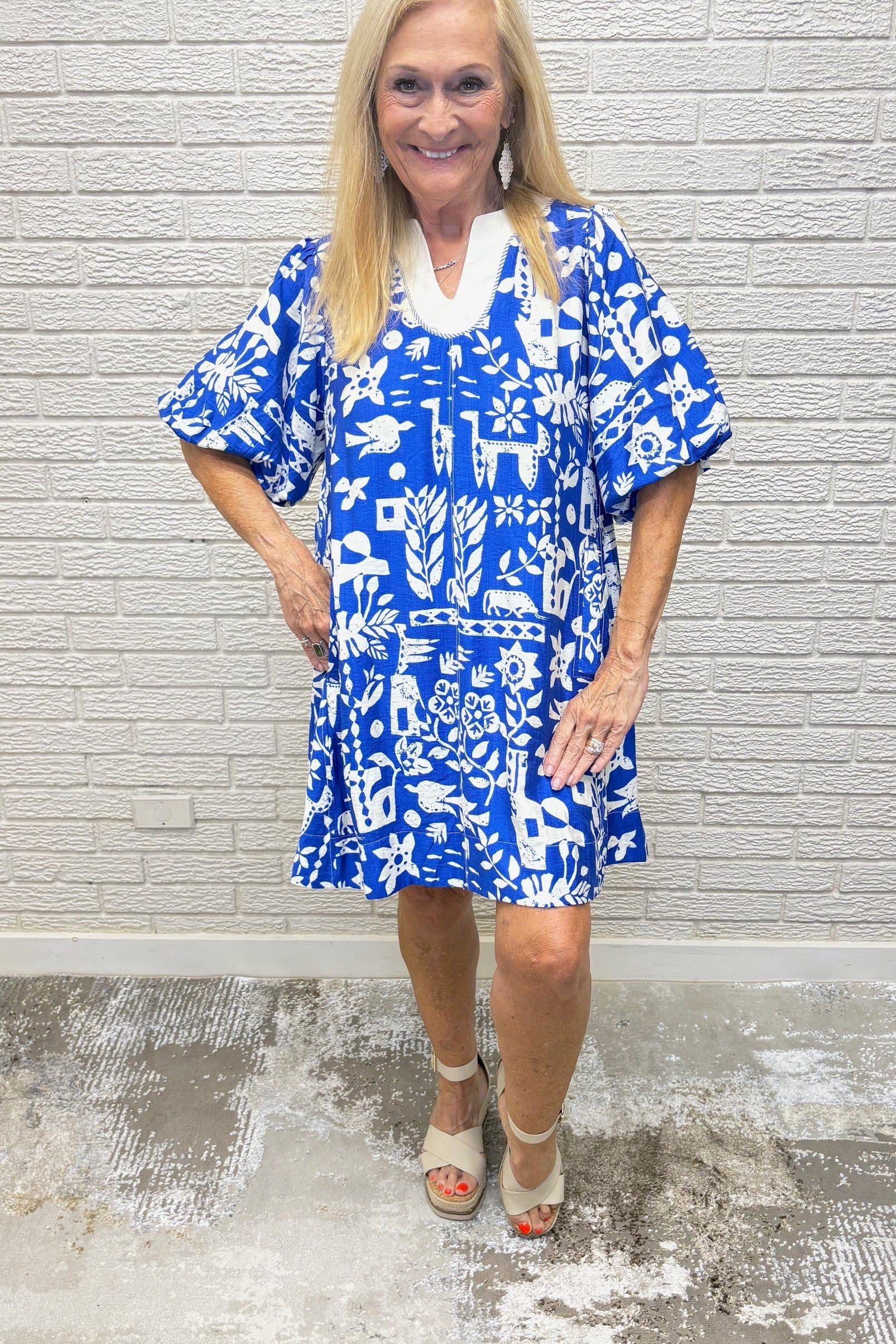 Abstract Print Puff Sleeve Tunic Dress- By Umgee