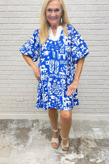 Abstract Print Puff Sleeve Tunic Dress- By Umgee