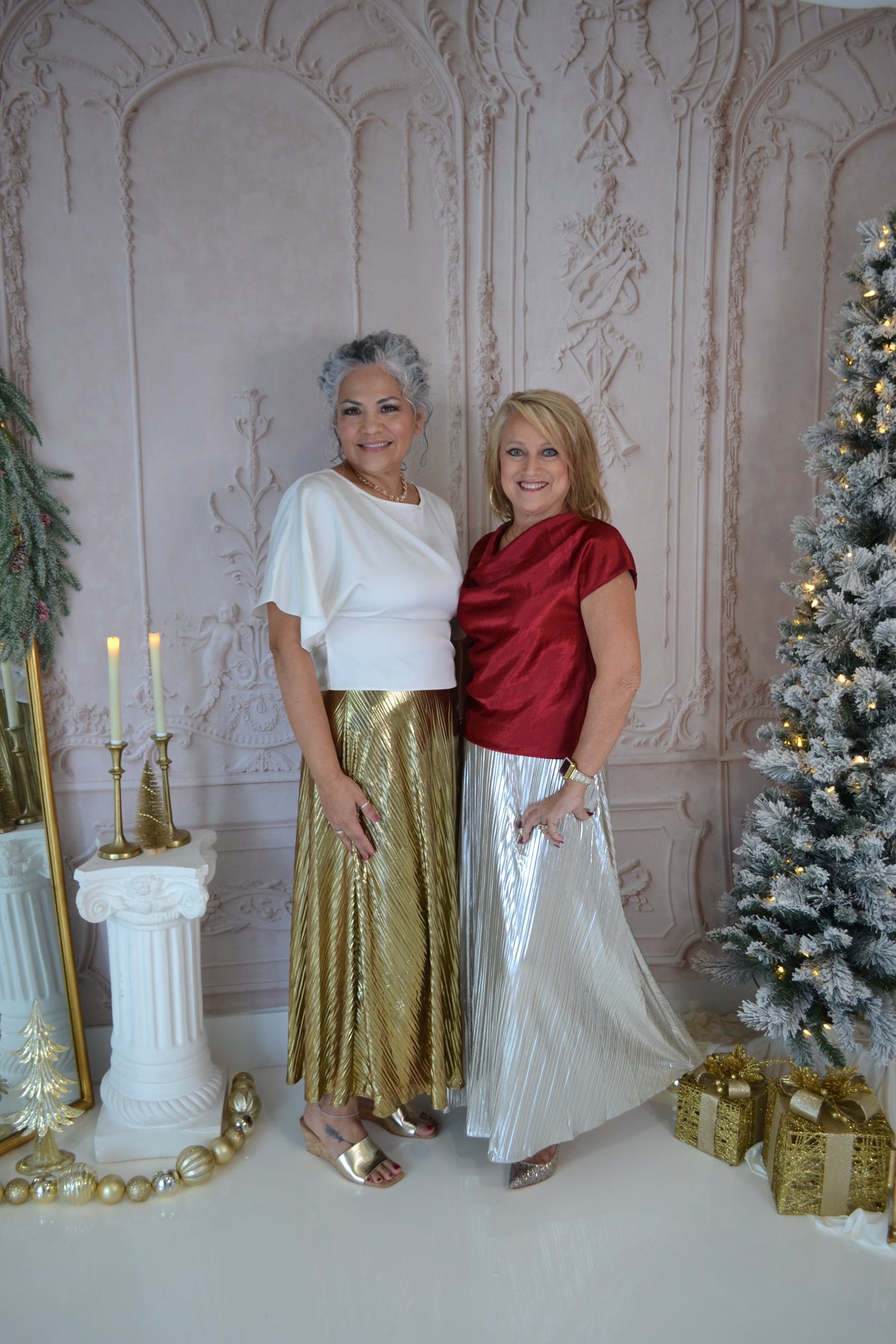 Golden Hour Glam Metallic Pleated Midi Skirt