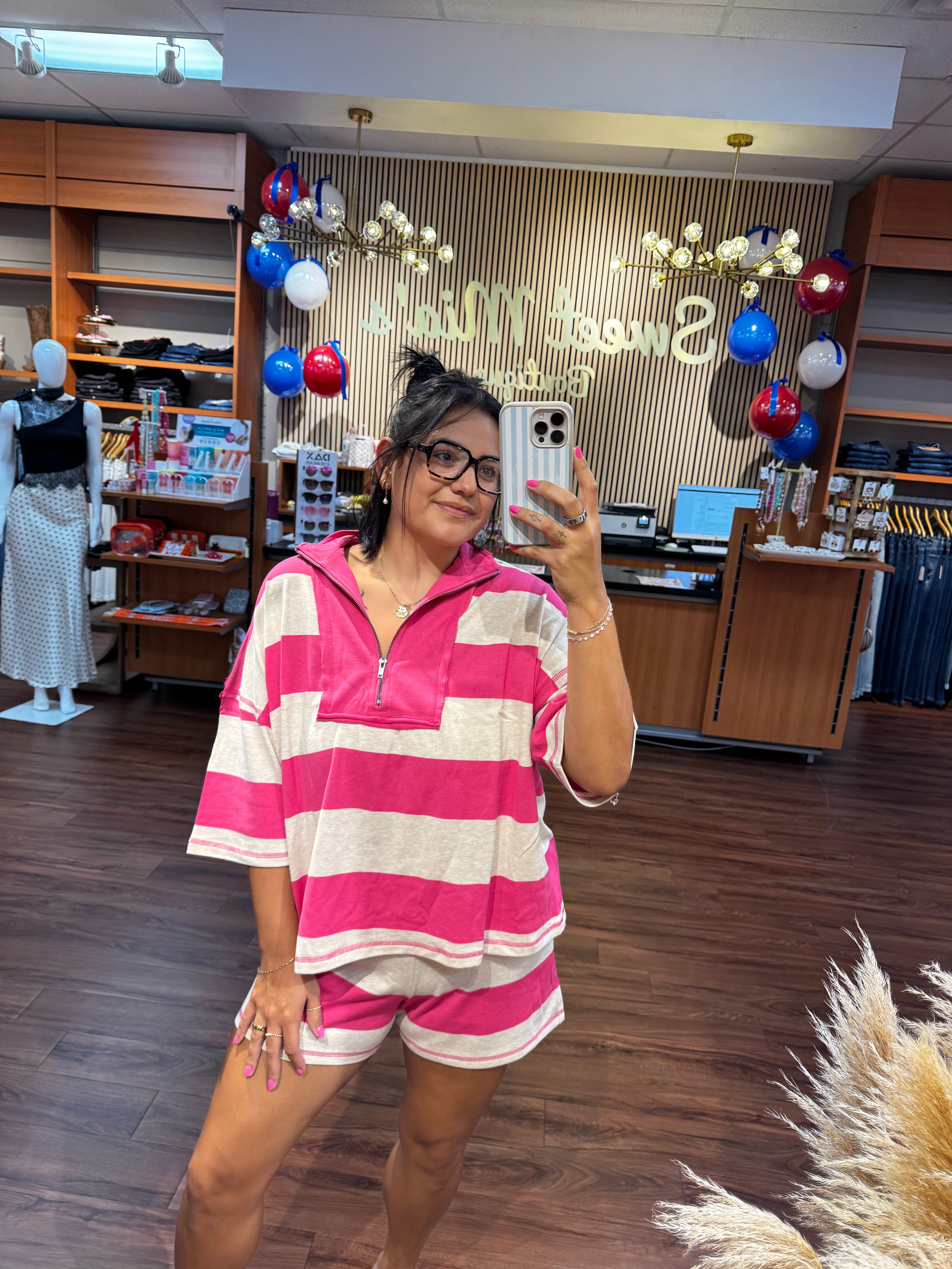 Striped Half Zip High Neck Top & Shorts Set