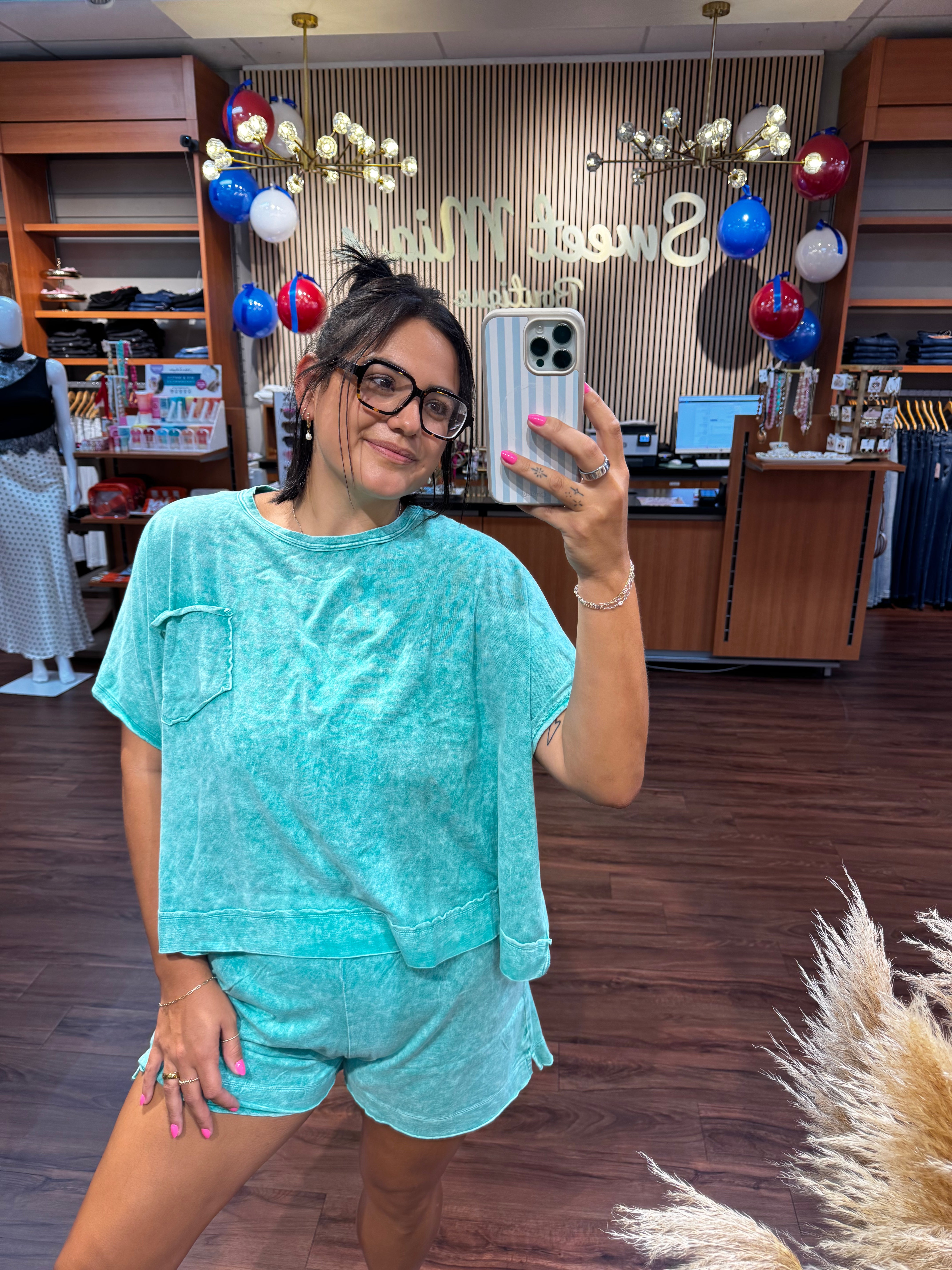 Halo Snow Washed Boxy Top & Shorts Set By Zenana