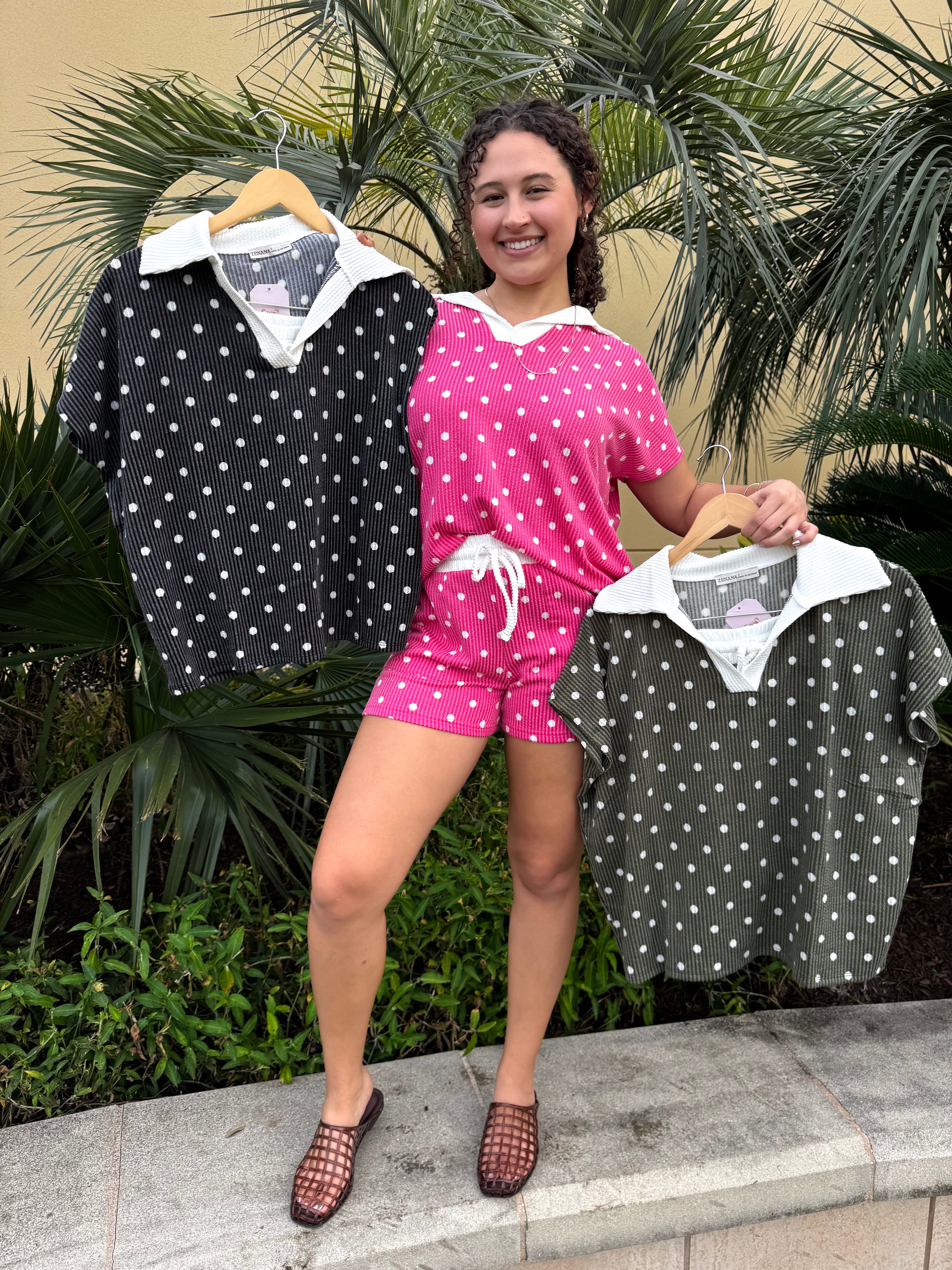 Polka Dot Screen Print Raised Rib Collared Top & Shorts Set