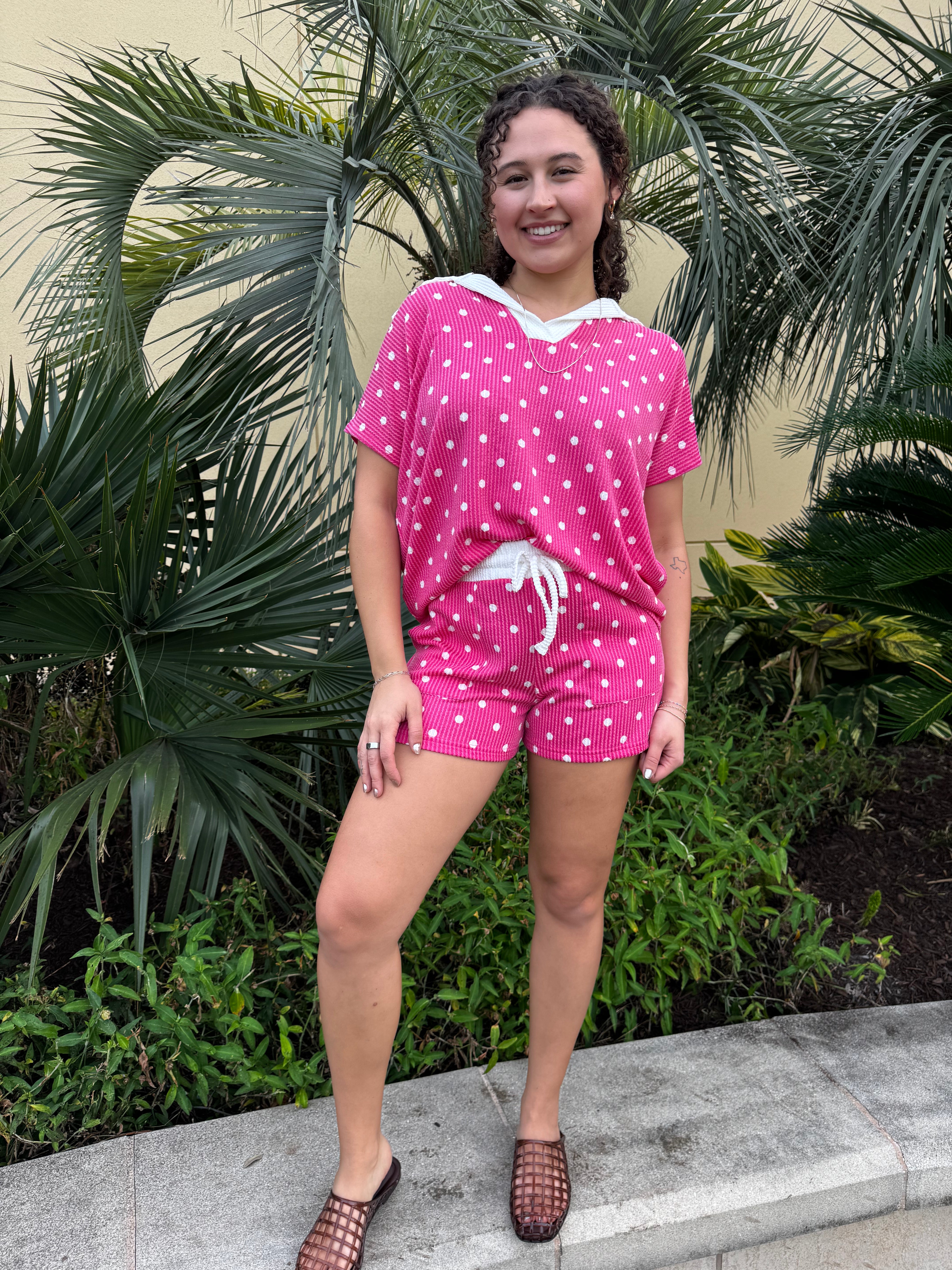 Polka Dot Screen Print Raised Rib Collared Top & Shorts Set