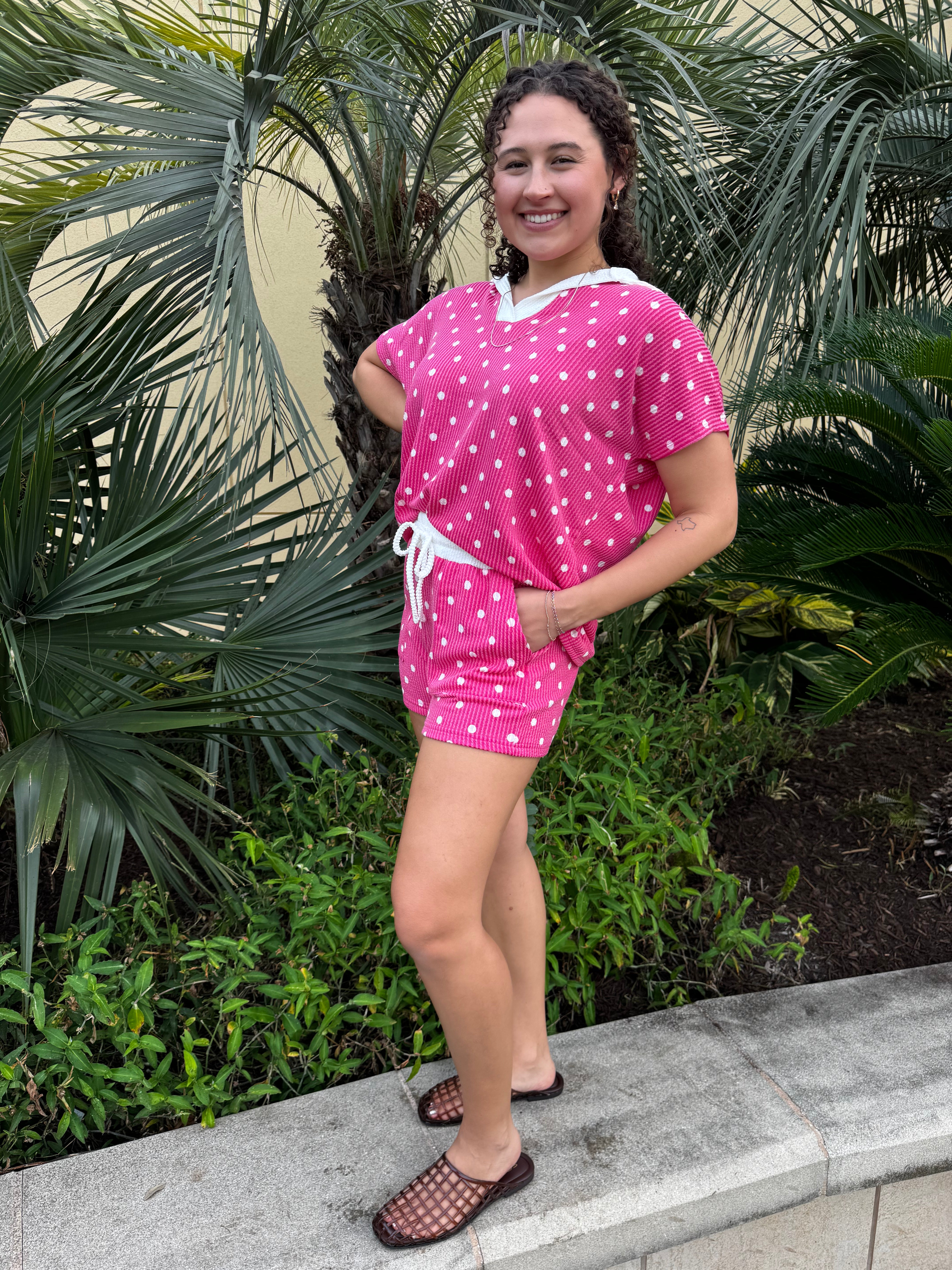 Polka Dot Screen Print Raised Rib Collared Top & Shorts Set