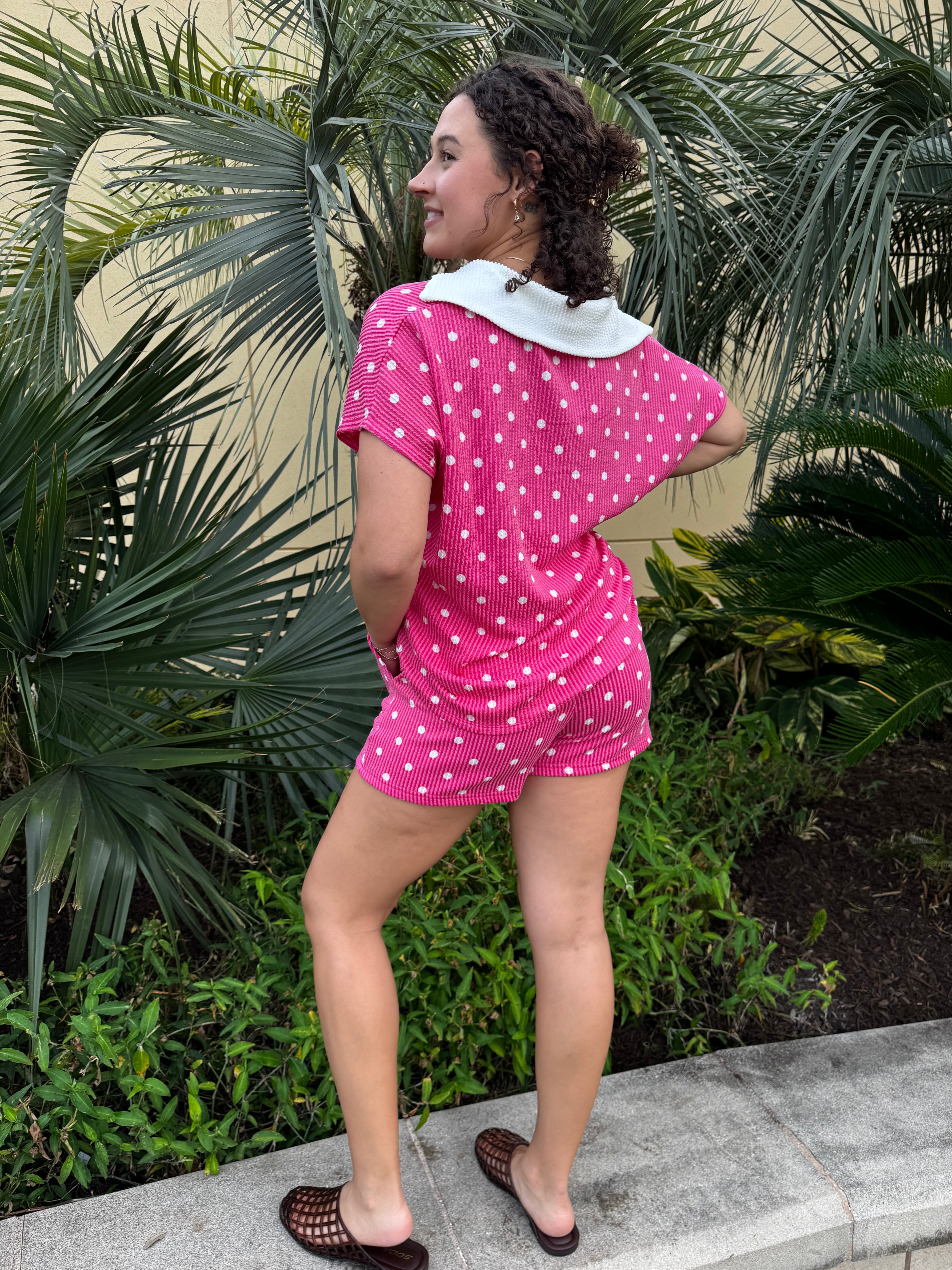Polka Dot Screen Print Raised Rib Collared Top & Shorts Set