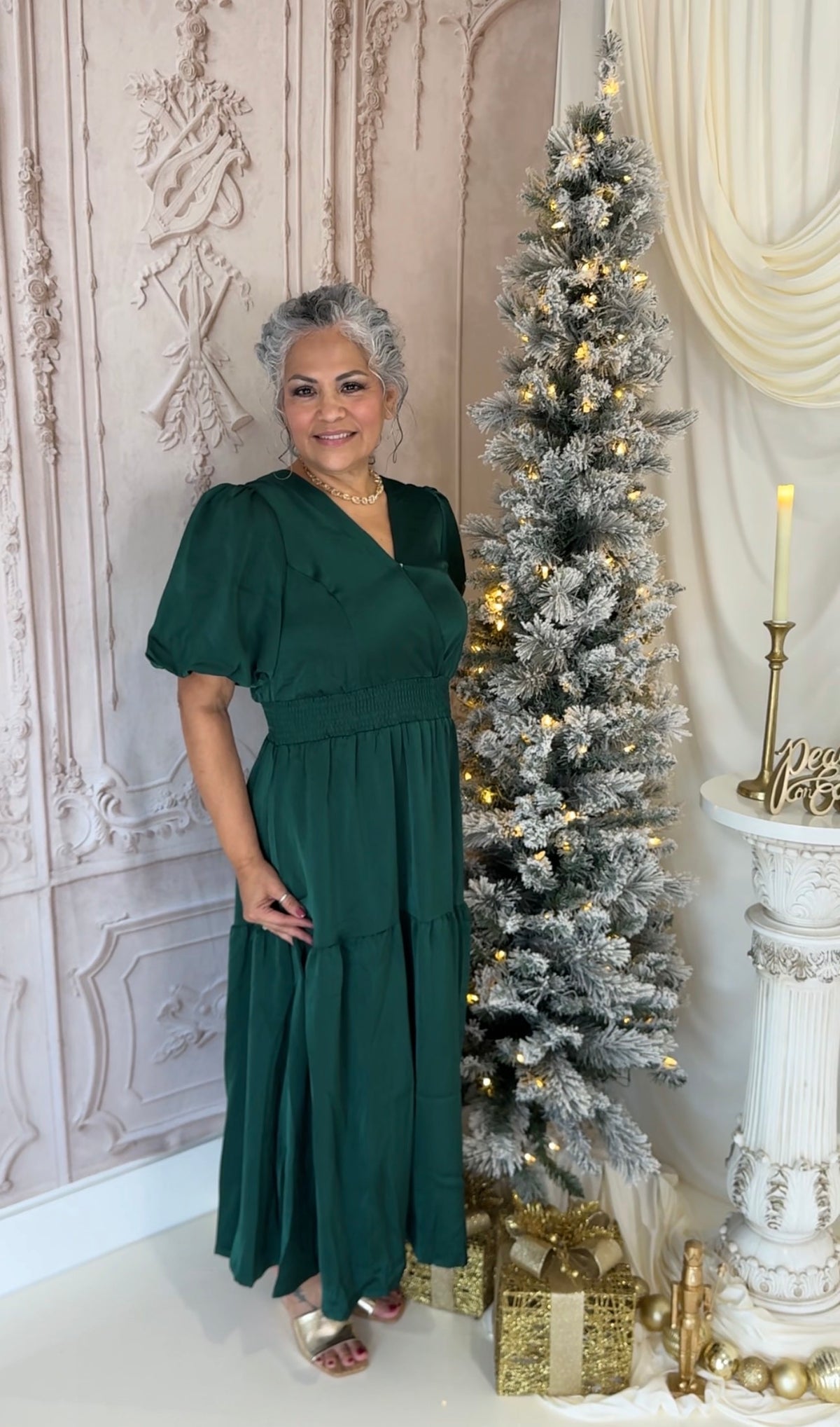Emerald Elegance Puff Sleeve Midi Dress