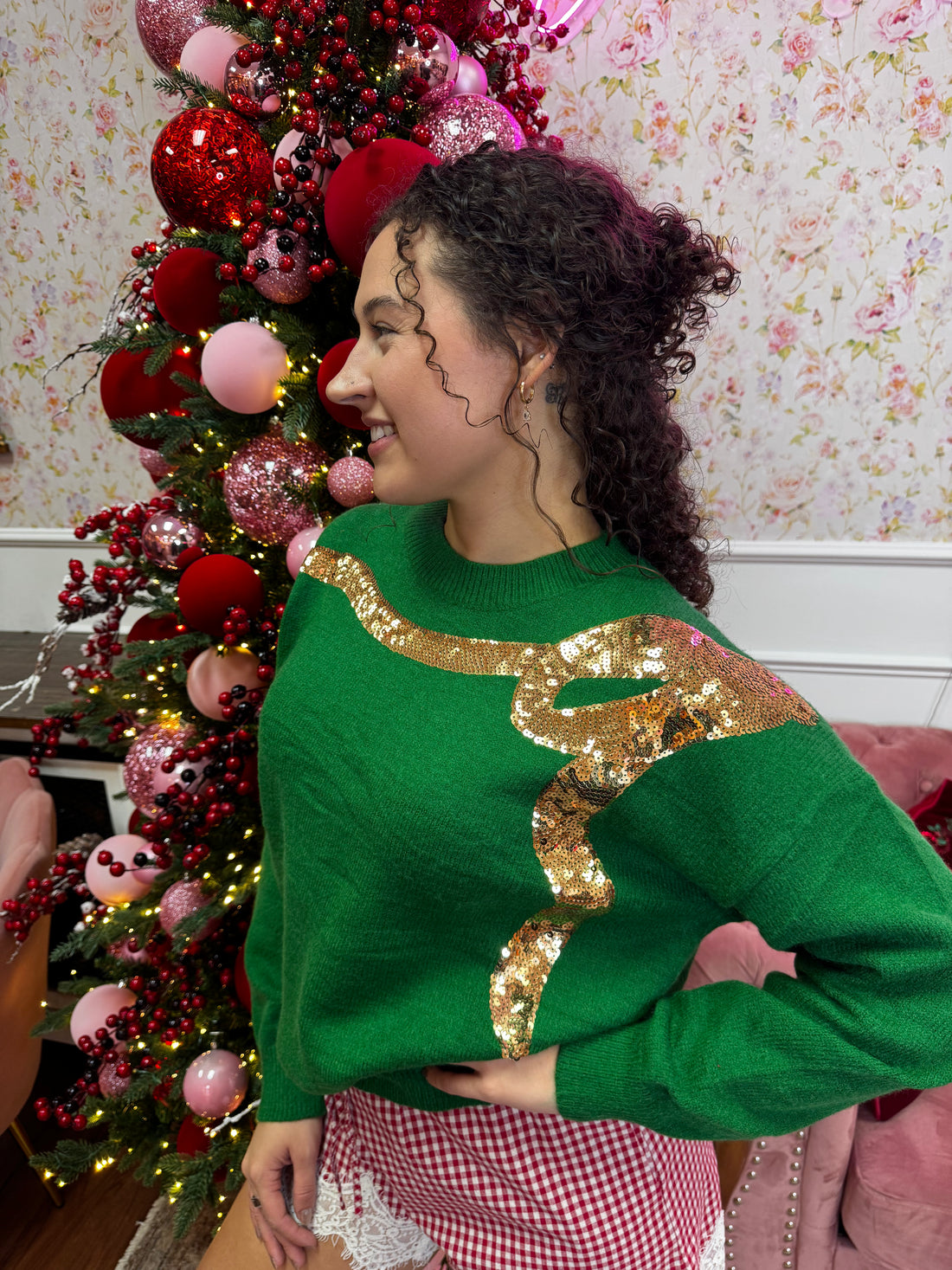 Sequin Bow Knit Sweater- Green/Gold