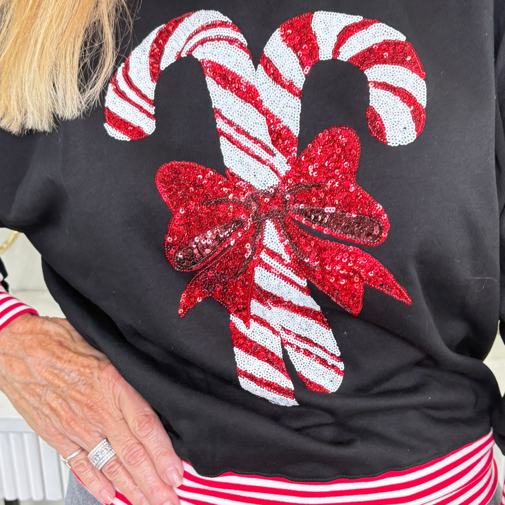 Sequin Embellished Candy Cane Sweatshirt in Black By RareRaw Clothing