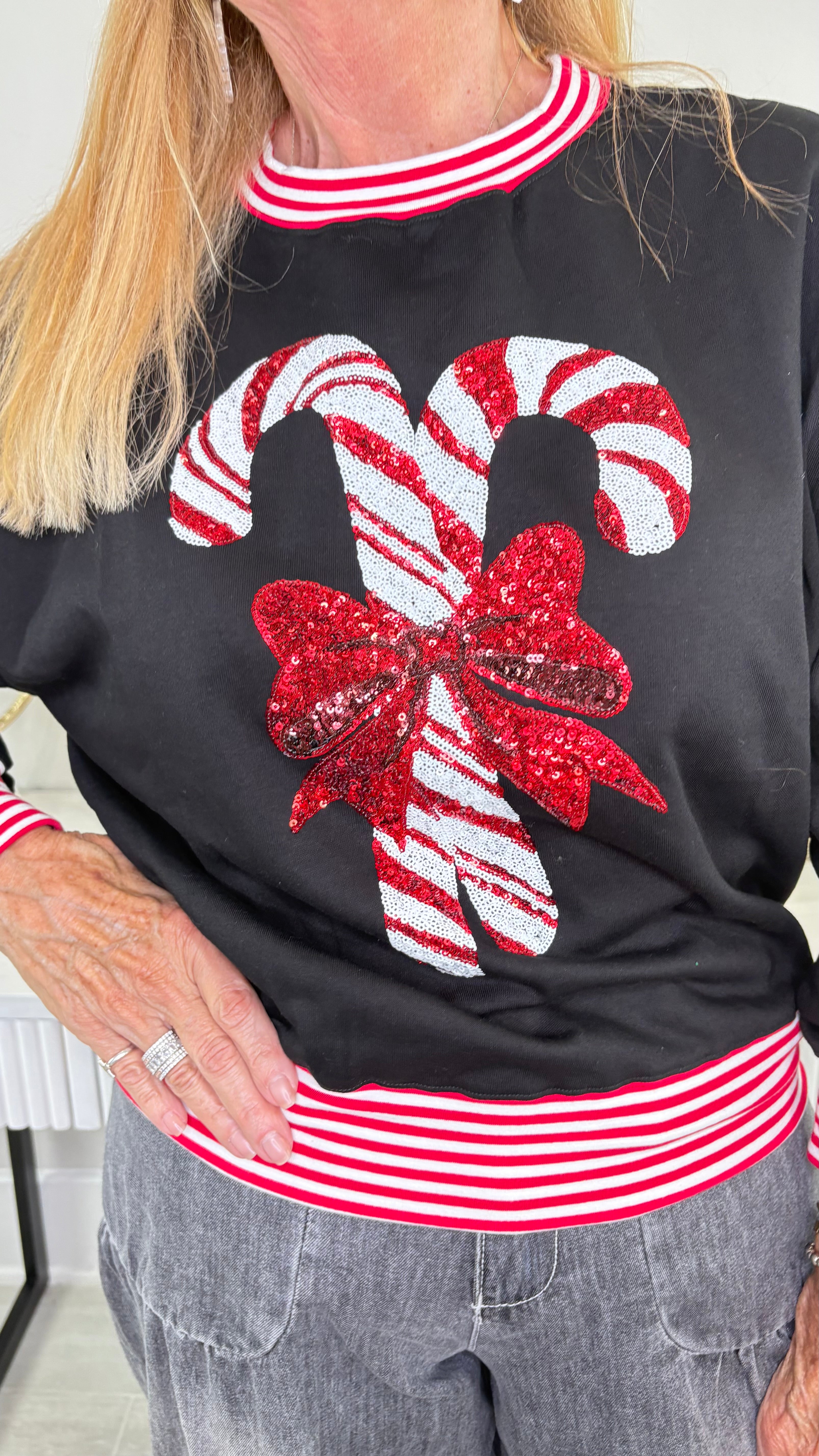 Sequin Embellished Candy Cane Sweatshirt in Black By RareRaw Clothing