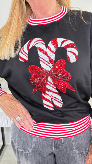 Sequin Embellished Candy Cane Sweatshirt in Black By RareRaw Clothing