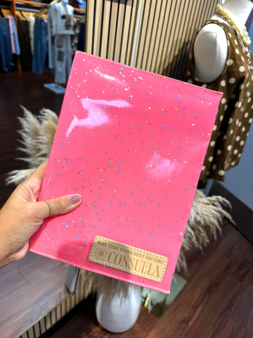 Consuela Shine Notebook Cover in neon pink star glitter with gold leather logo detail