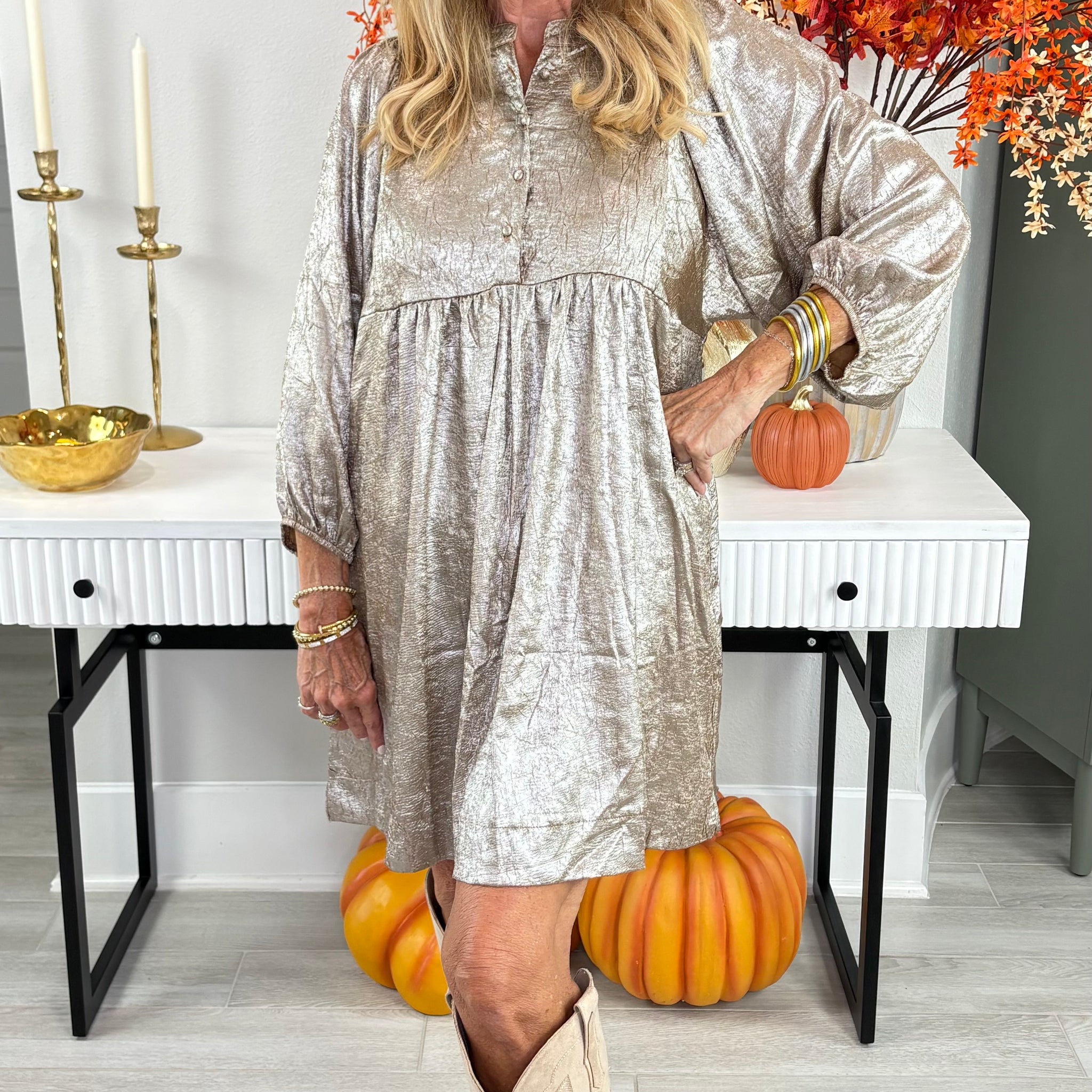 Metallic Babydoll Mini Dress By Umgee